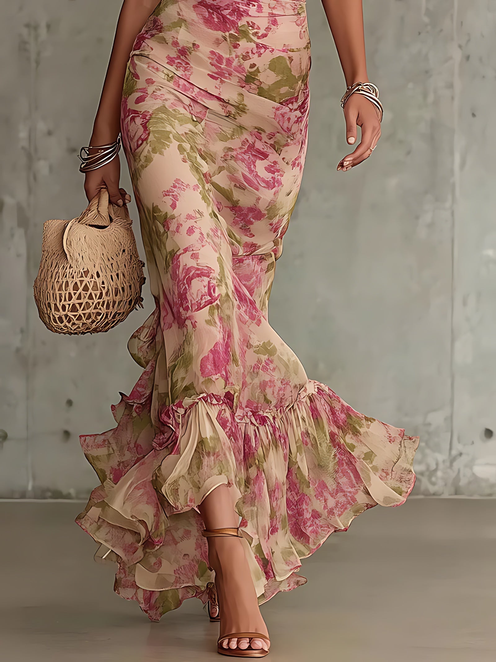 Lillian – Floral Print Mock Neck Ruffle Maxi Dress