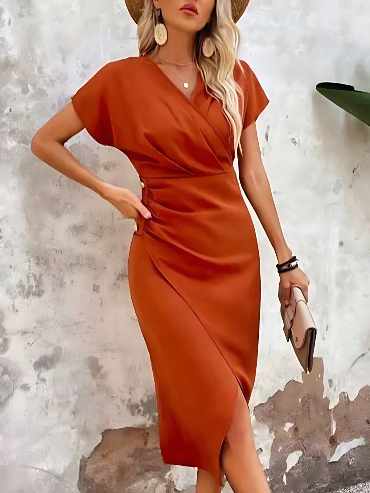 Lillian – Satin Wrap Ruched Wedding Guest Midi Dress