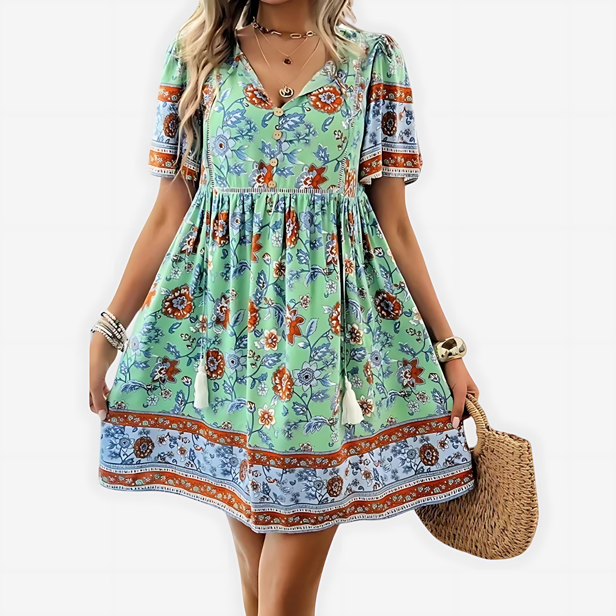 Lily – Boho Floral Print V Neck Mini Dress