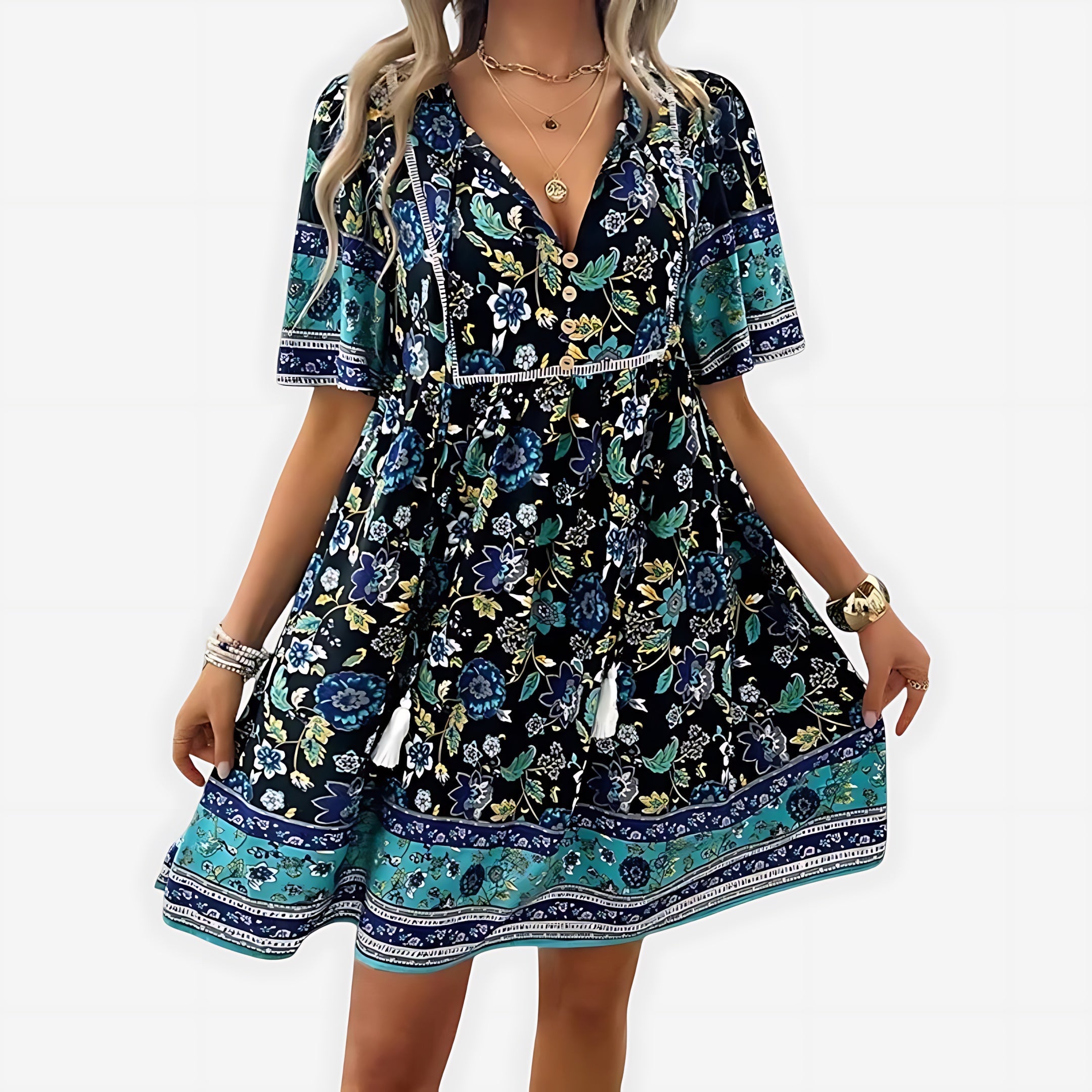 Lily – Boho Floral Print V Neck Mini Dress