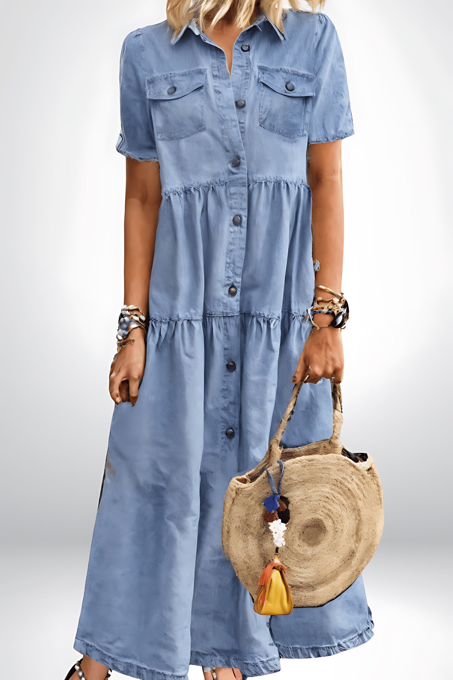 Lily – Denim Collared Tiered Maxi Shirt Dress