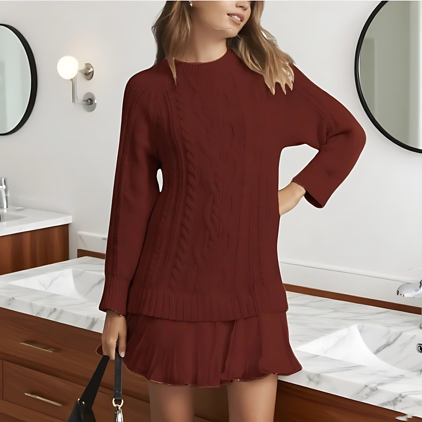 Lola – Cable Knit Ruffle Hem Mini Sweater Dress