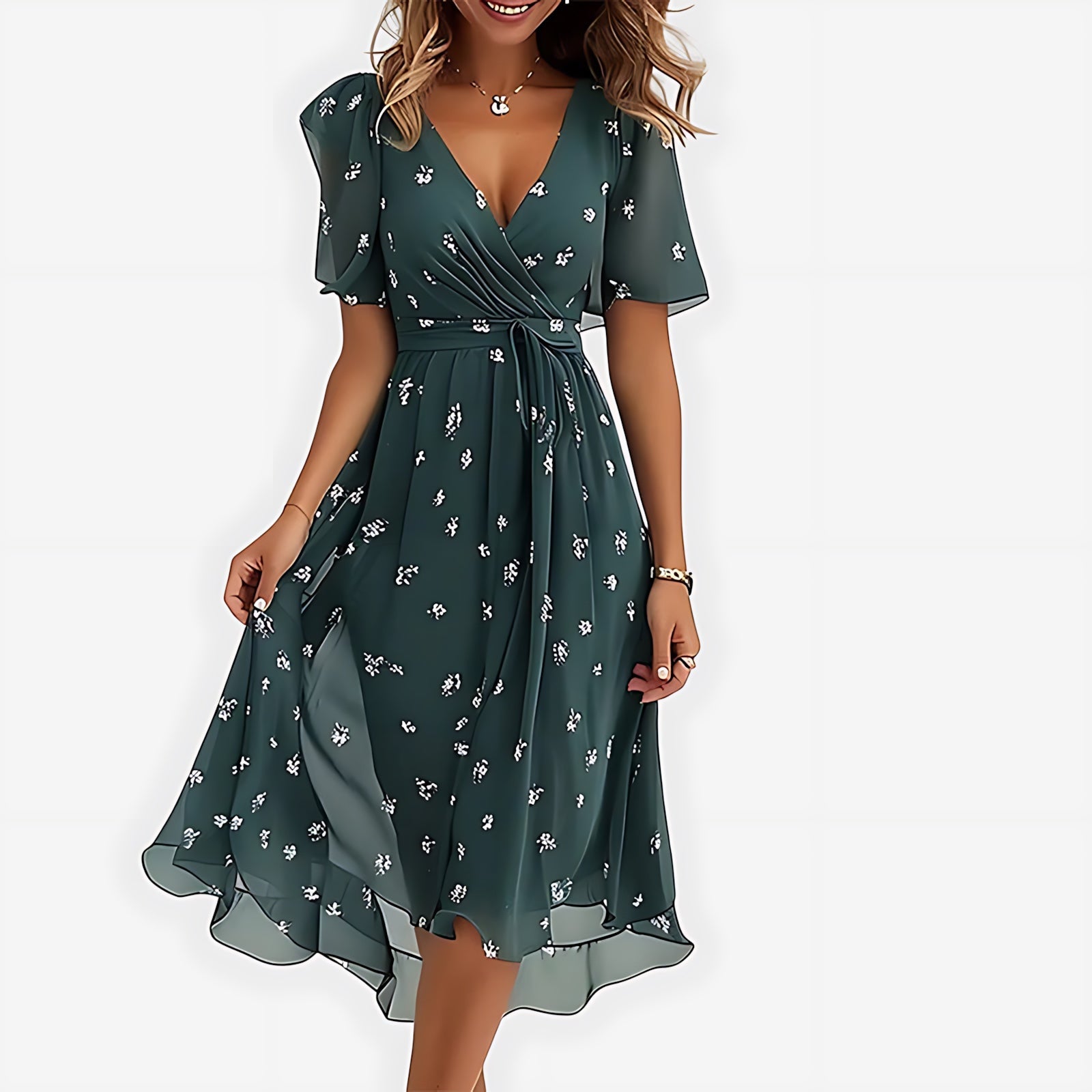 Lola – Floral Wrap V Neck Ruffle Midi Dress