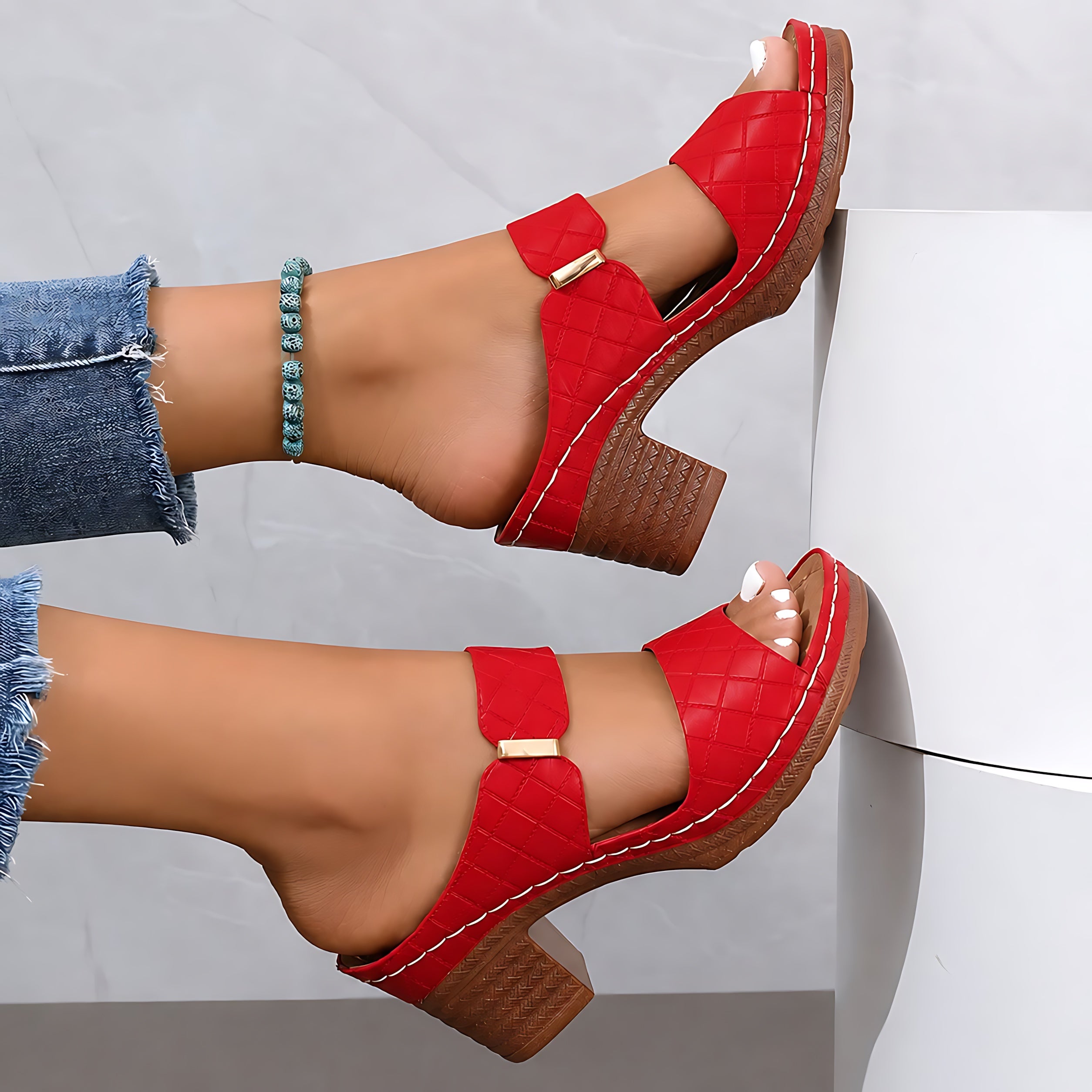 Lola – Metallic Ankle Strap Block Heel Sandals