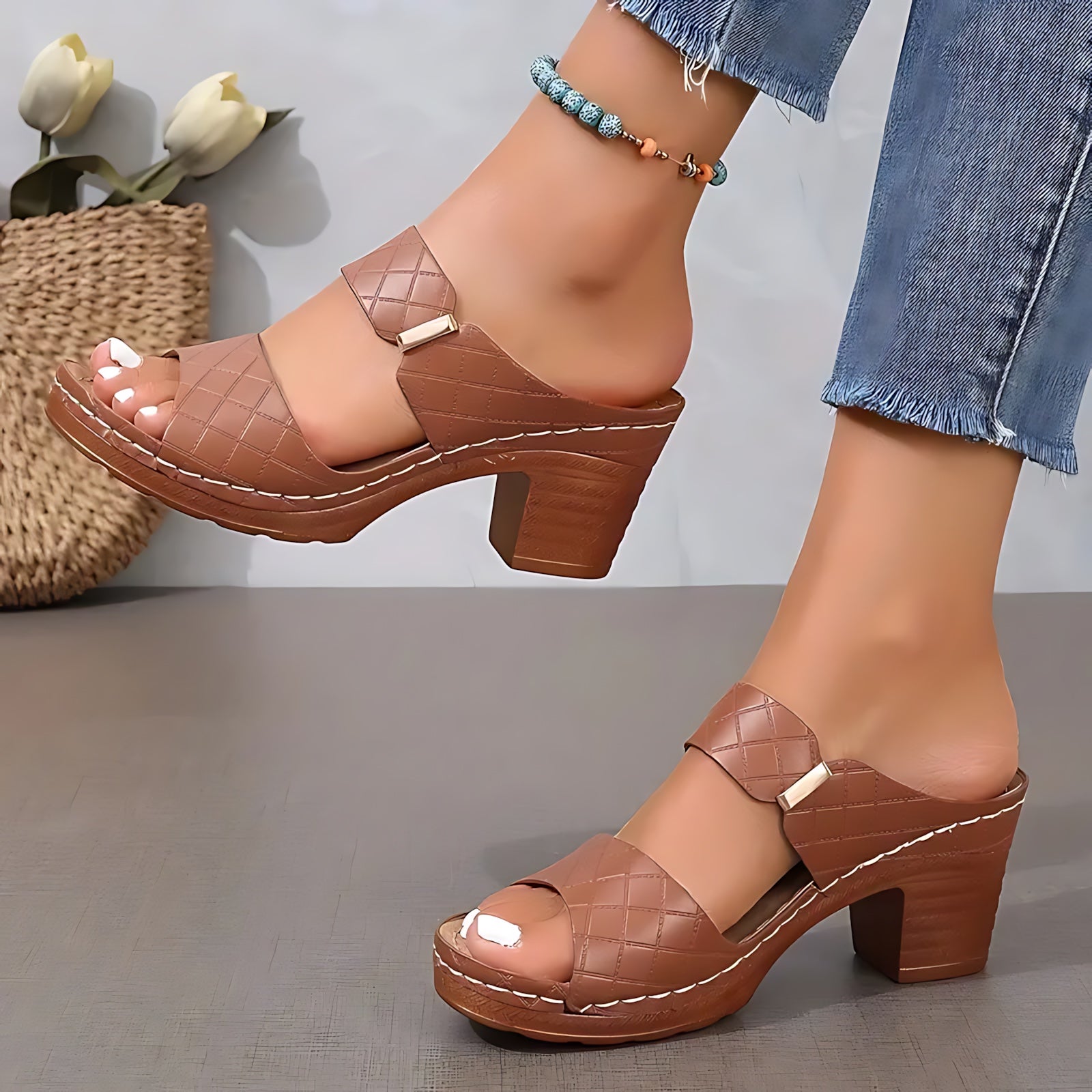 Lola – Metallic Ankle Strap Block Heel Sandals
