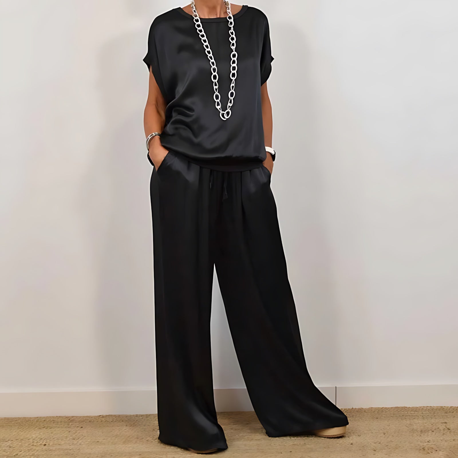 Lola – Satin Short Sleeve Top and Wide Leg Pants Set