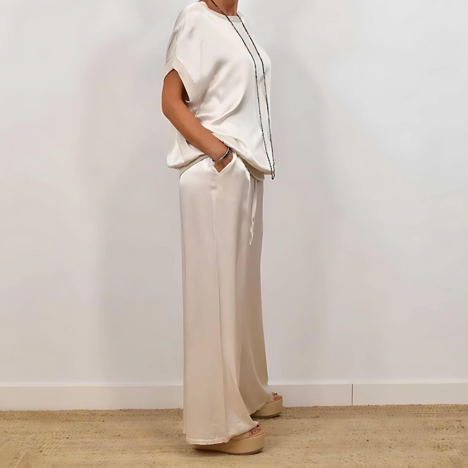 Lola – Satin Short Sleeve Top and Wide Leg Pants Set