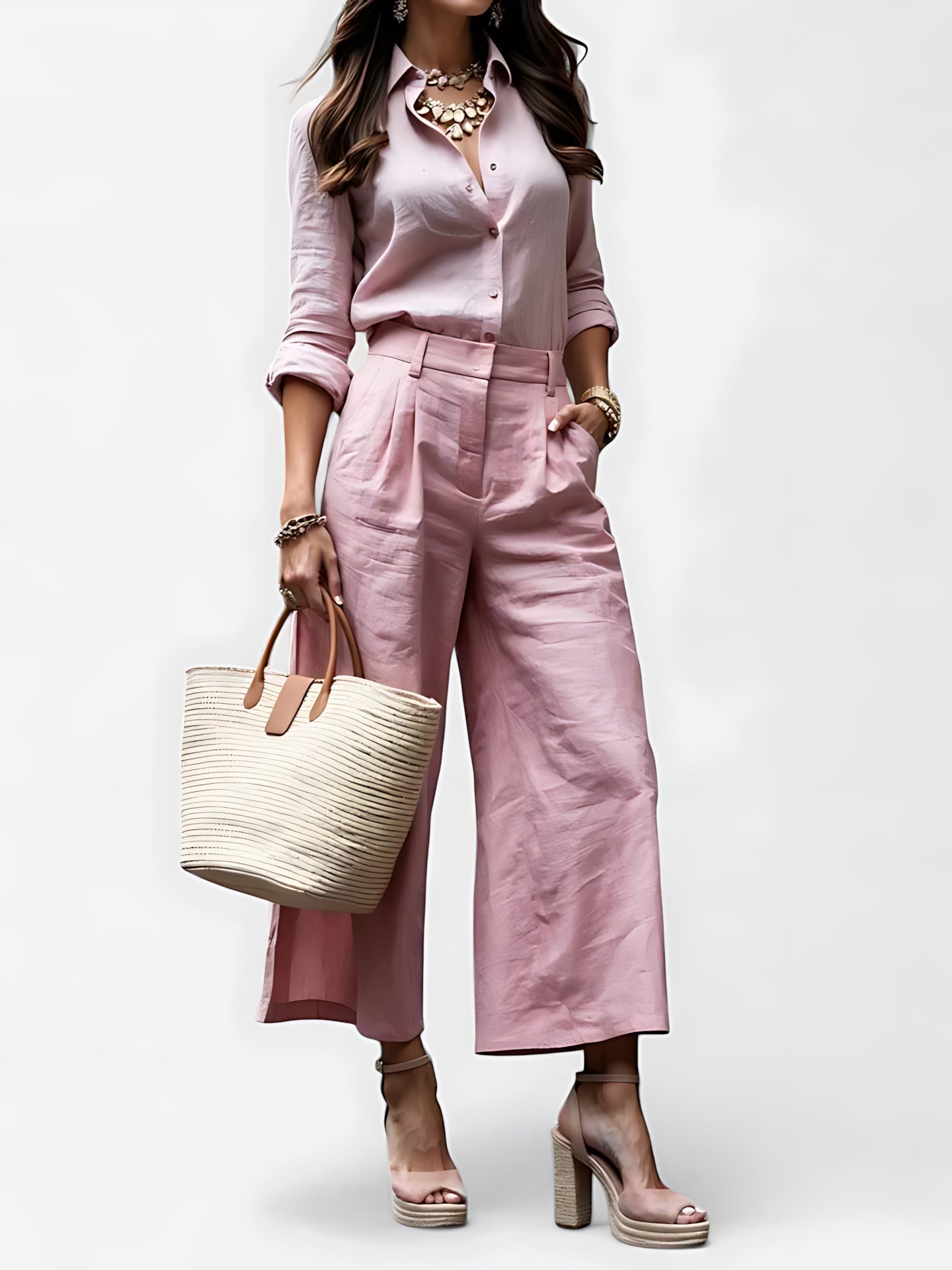 Lucia – Collared Shirt and Cropped Wide Leg Pants Set