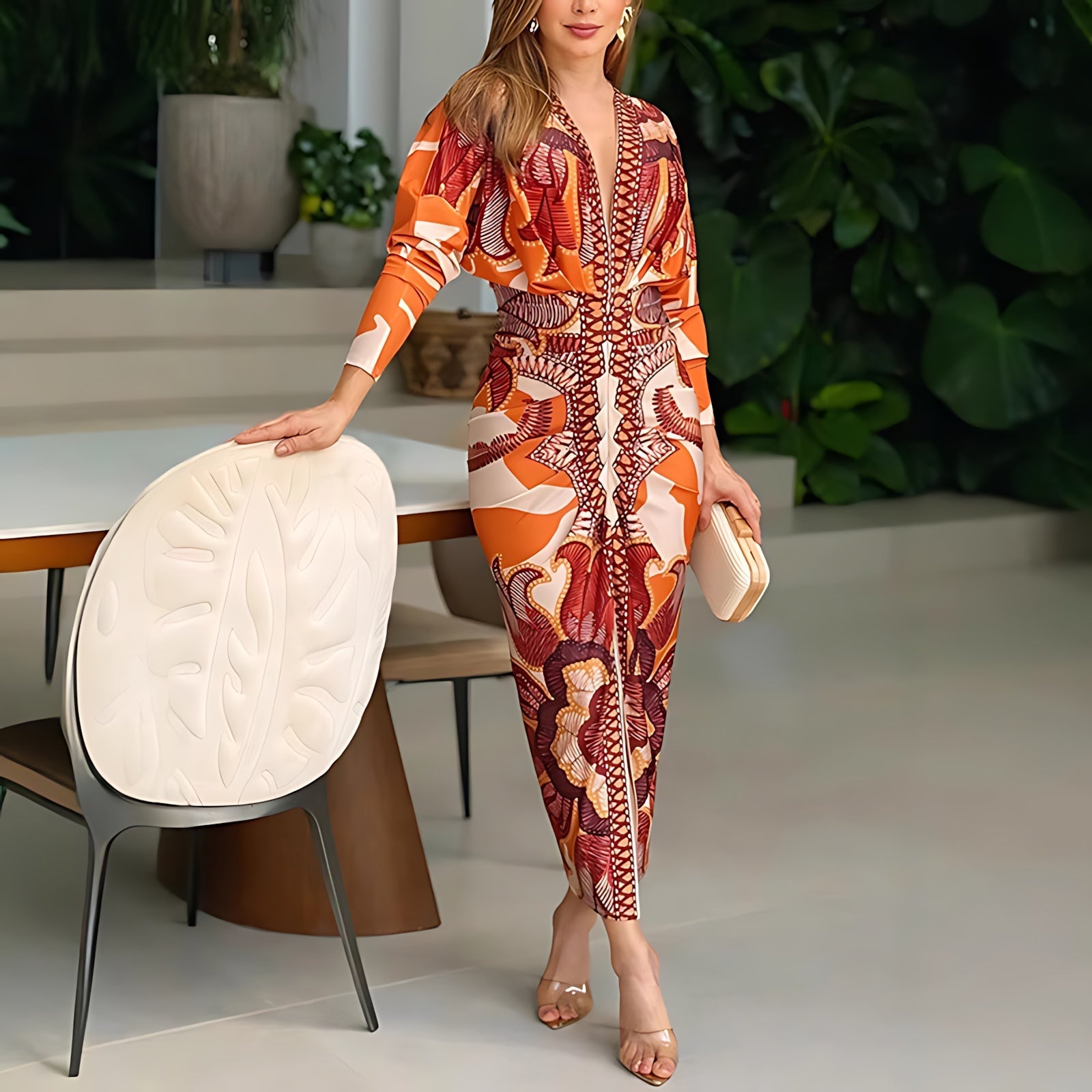 Lucia – Printed V Neck Ruched Bodycon Midi Dress