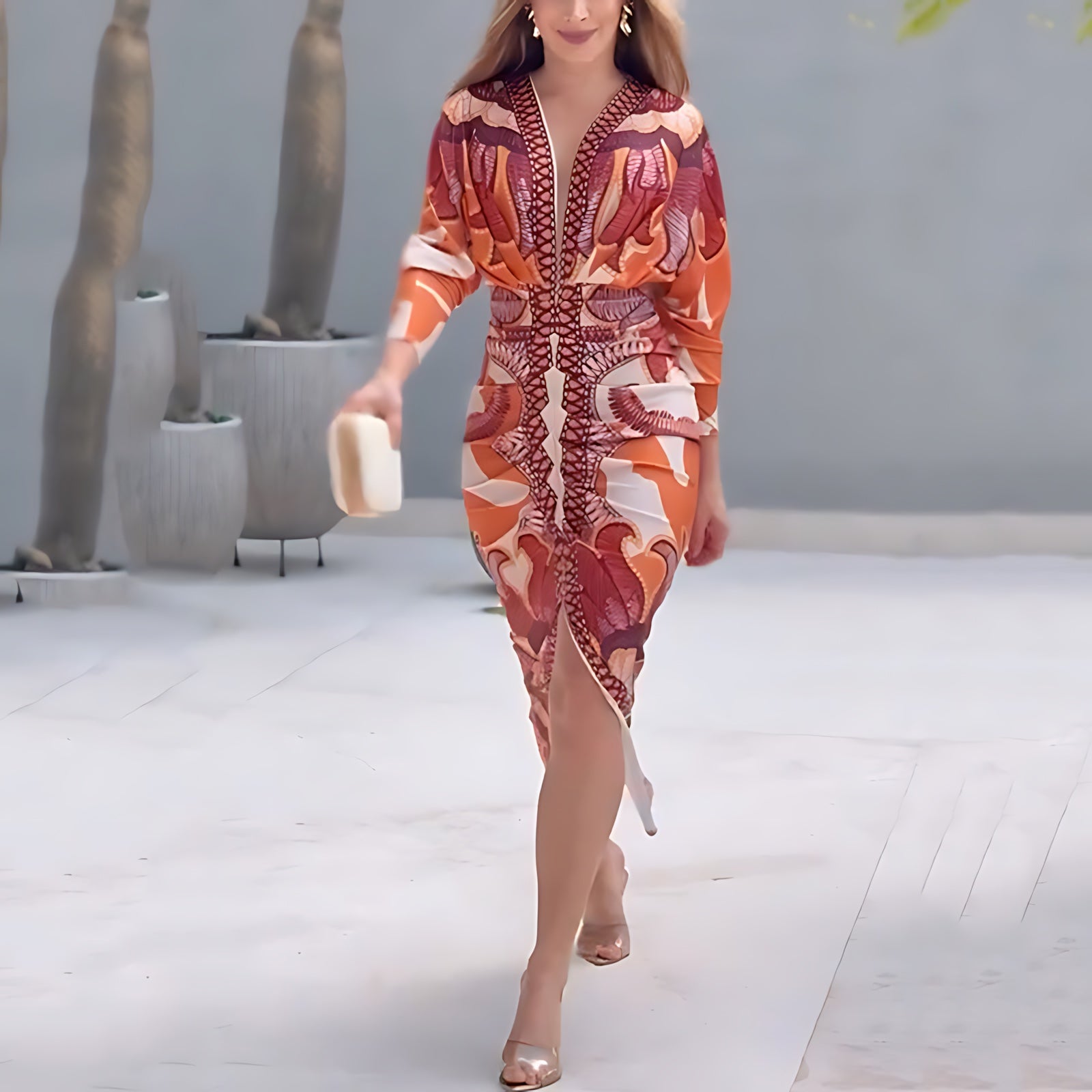 Lucia – Printed V Neck Ruched Bodycon Midi Dress