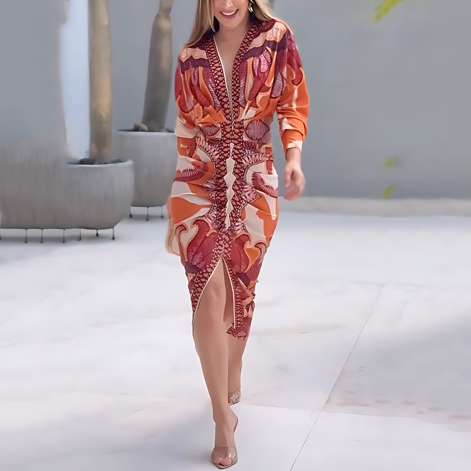 Lucia – Printed V Neck Ruched Bodycon Midi Dress