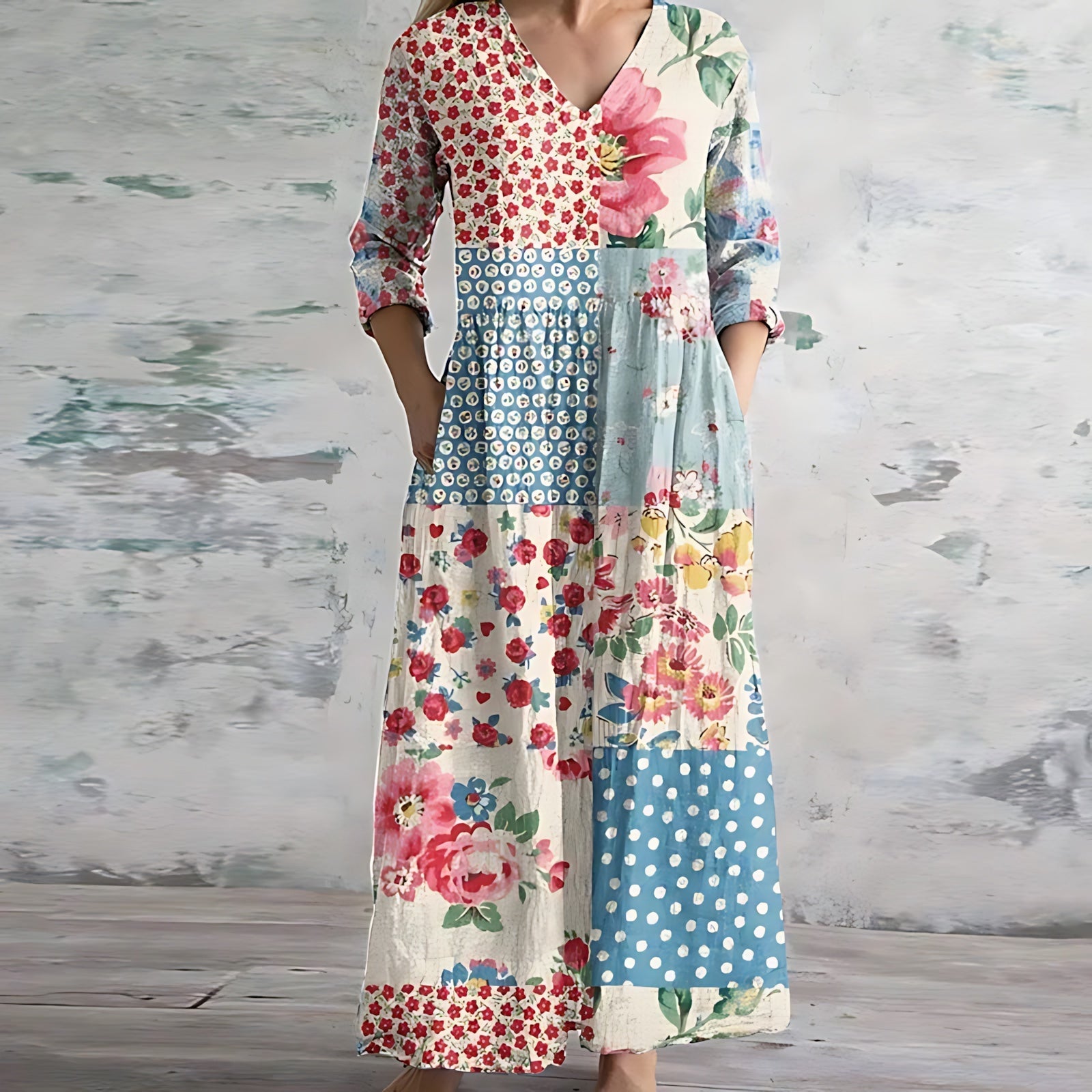 Lucy – Retro Patchwork Print Long Sleeve Maxi Dress