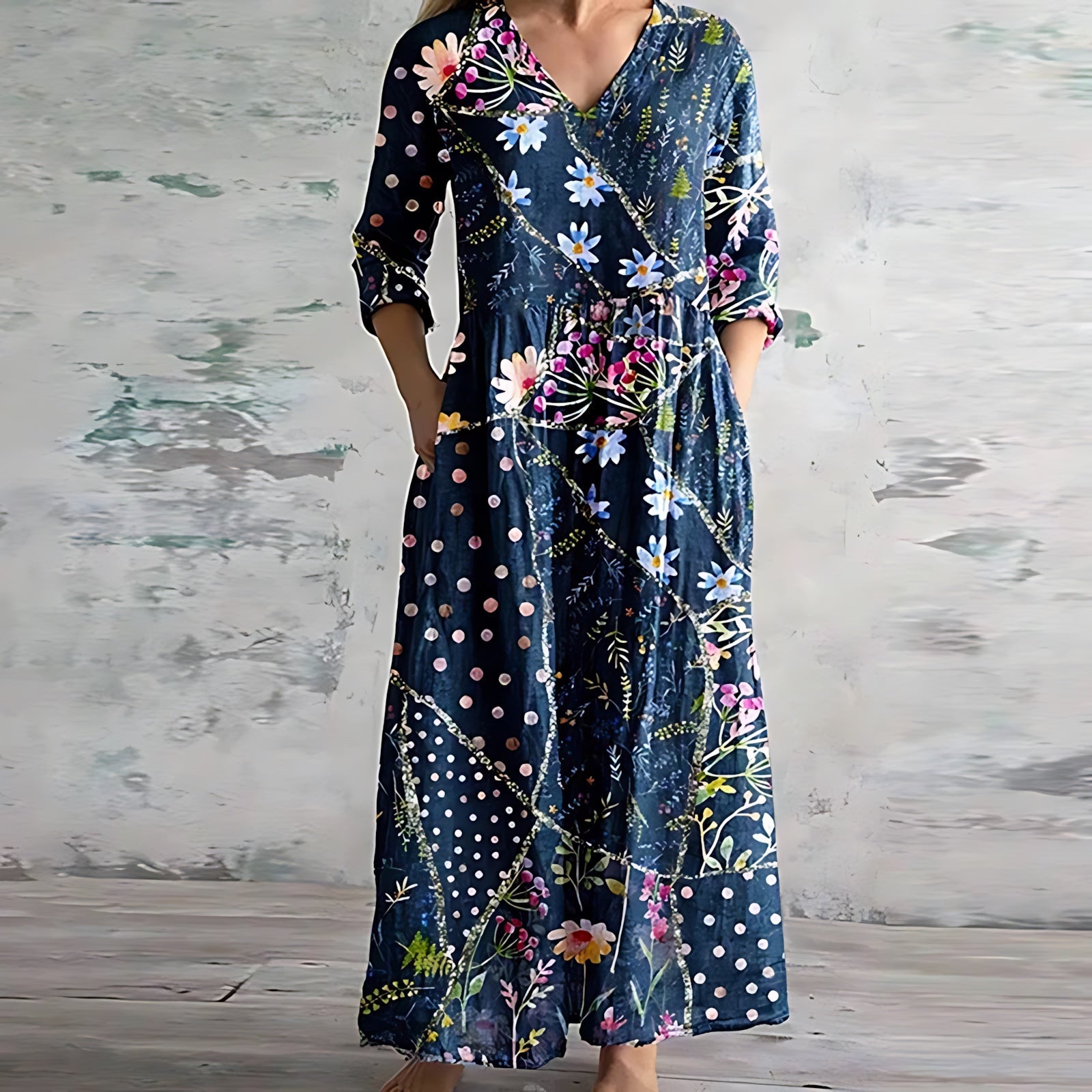 Lucy – Retro Patchwork Print Long Sleeve Maxi Dress