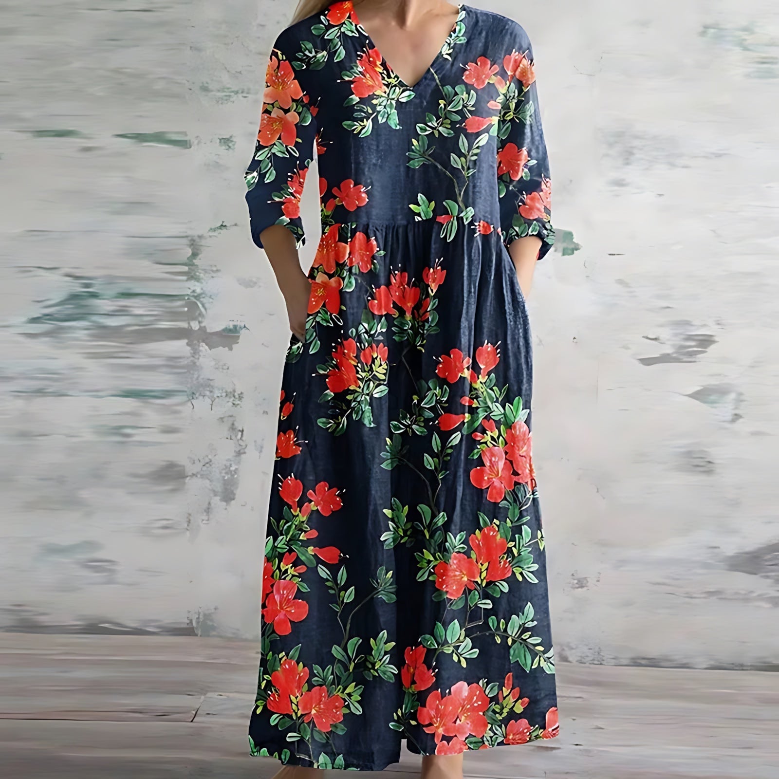 Lucy – Retro Patchwork Print Long Sleeve Maxi Dress