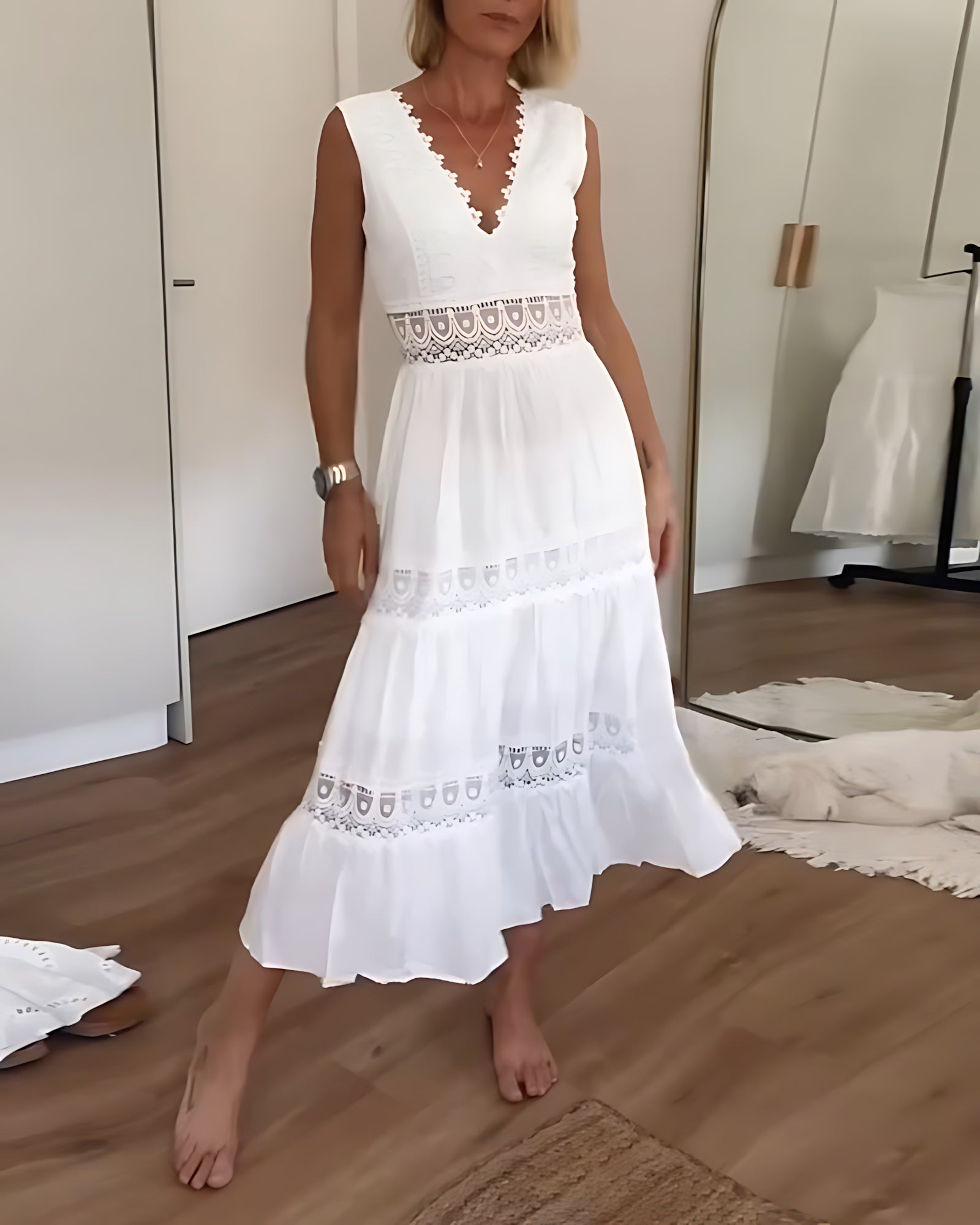 Lucy – V Neck Tiered Lace Summer Midi Dress