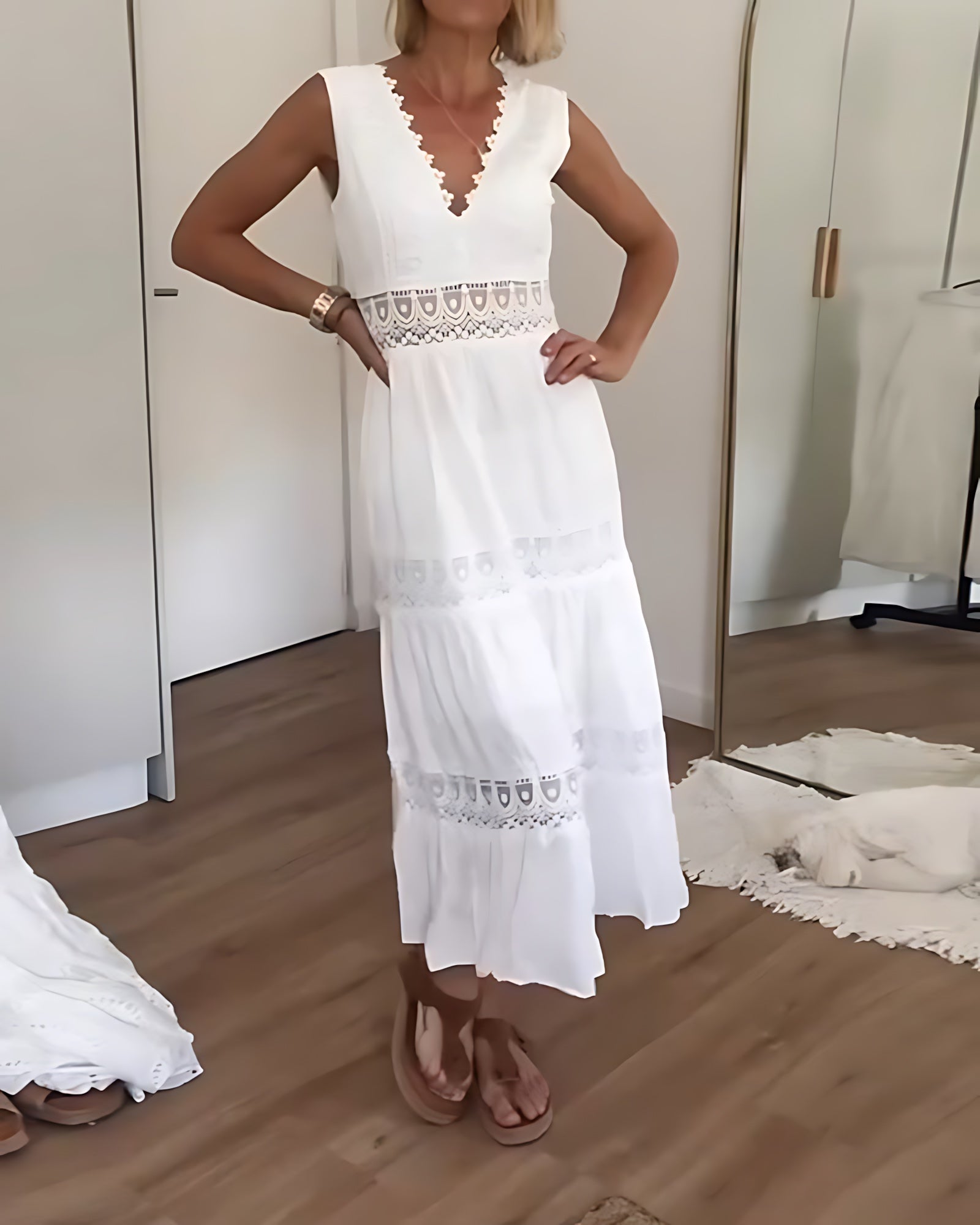 Lucy – V Neck Tiered Lace Summer Midi Dress