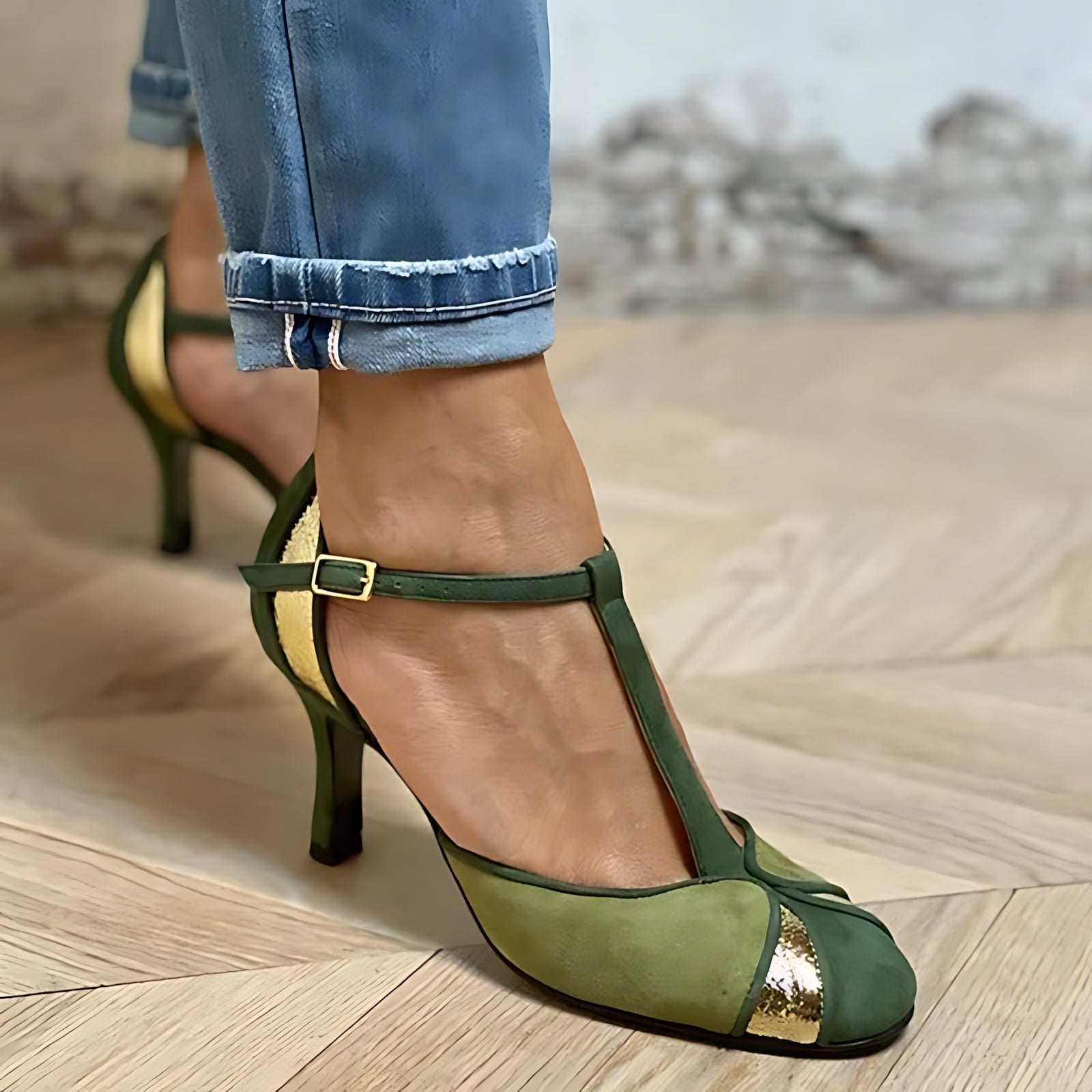 Luna – Patchwork T Strap Mid Heel Pumps