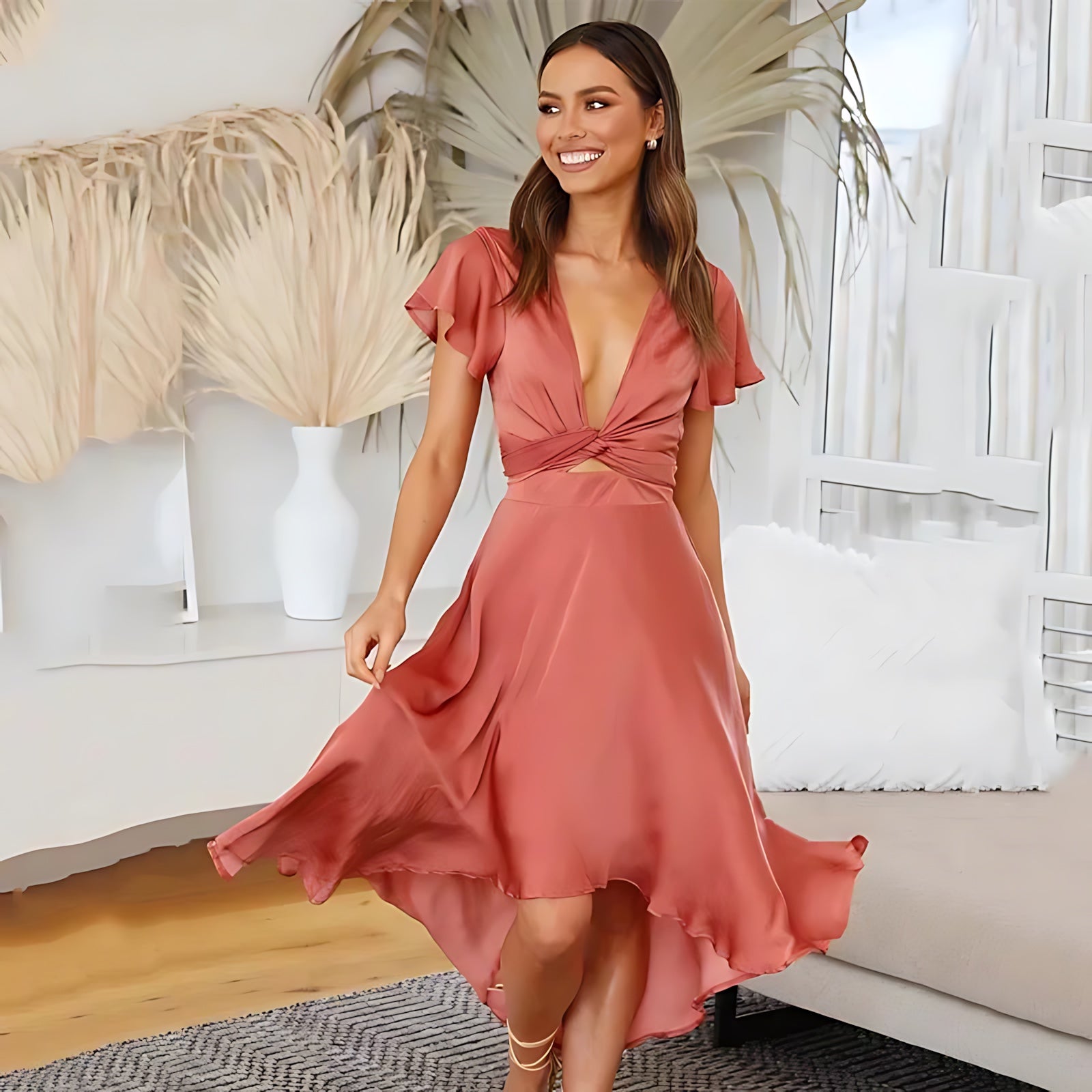 Lyla – Satin V Neck Wedding Guest Midi Dress