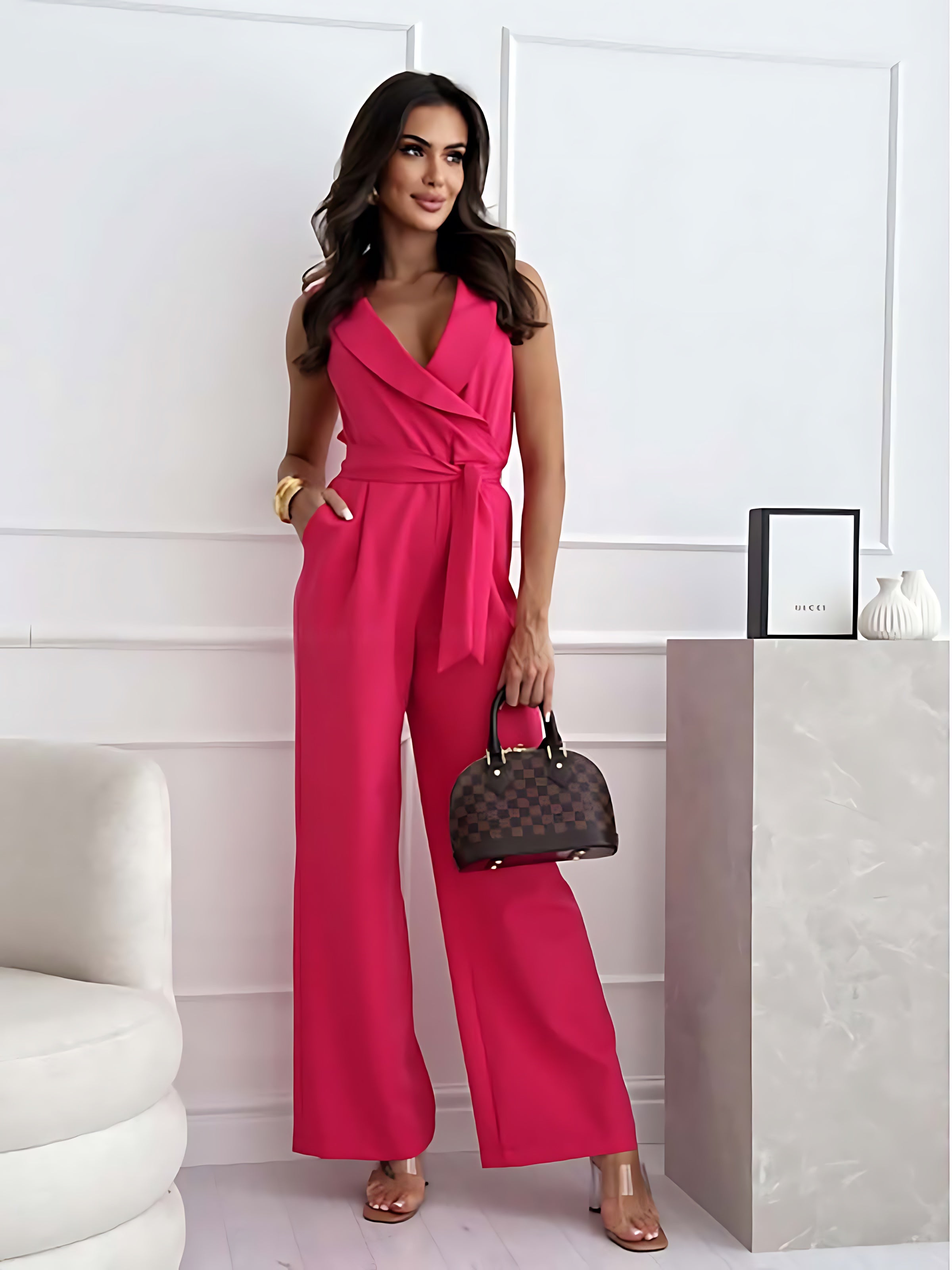 Lyla – Surplice V Neck Tie Waist Wide Leg Jumpsuit