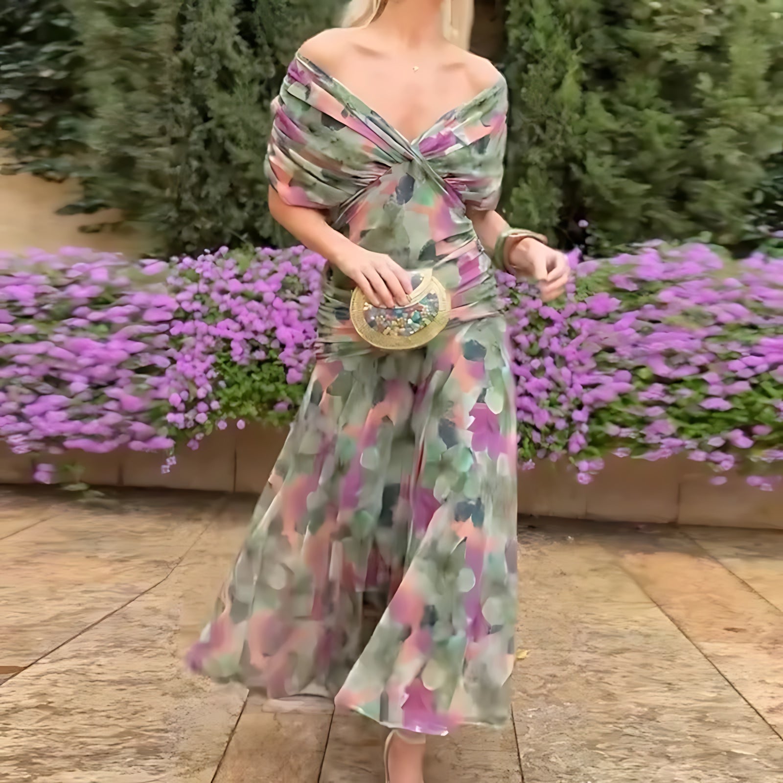Lyric – Floral Chiffon Off Shoulder Wedding Guest Midi Dress