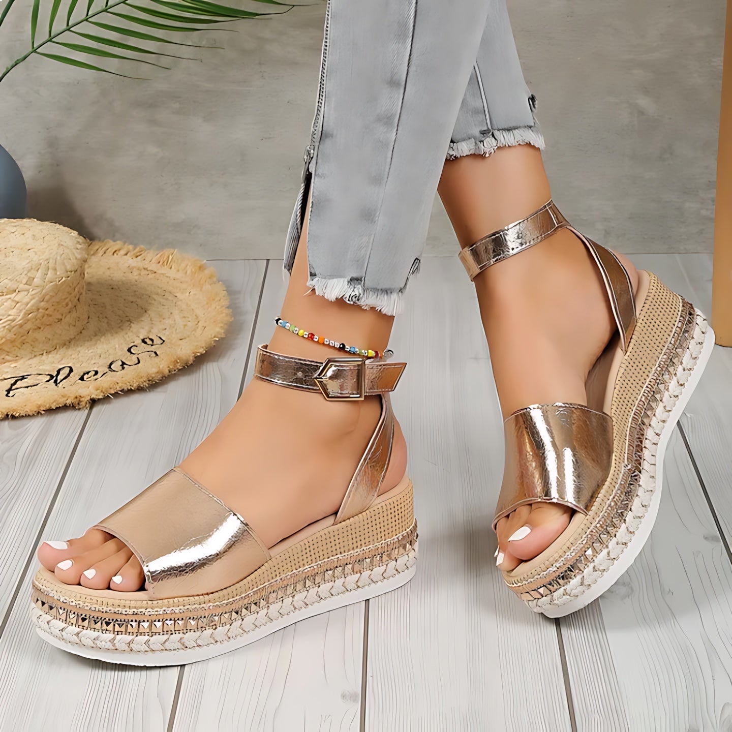 Lyric – Metallic Ankle Strap Espadrille Wedge Sandals