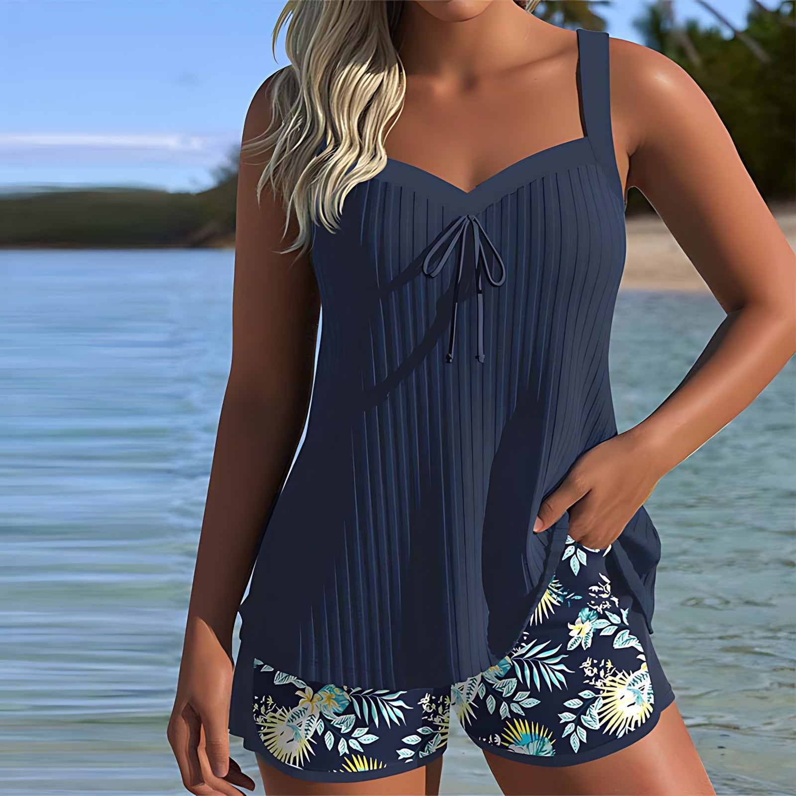 Lyric – Ribbed V Neck Tankini and Swim Shorts Set