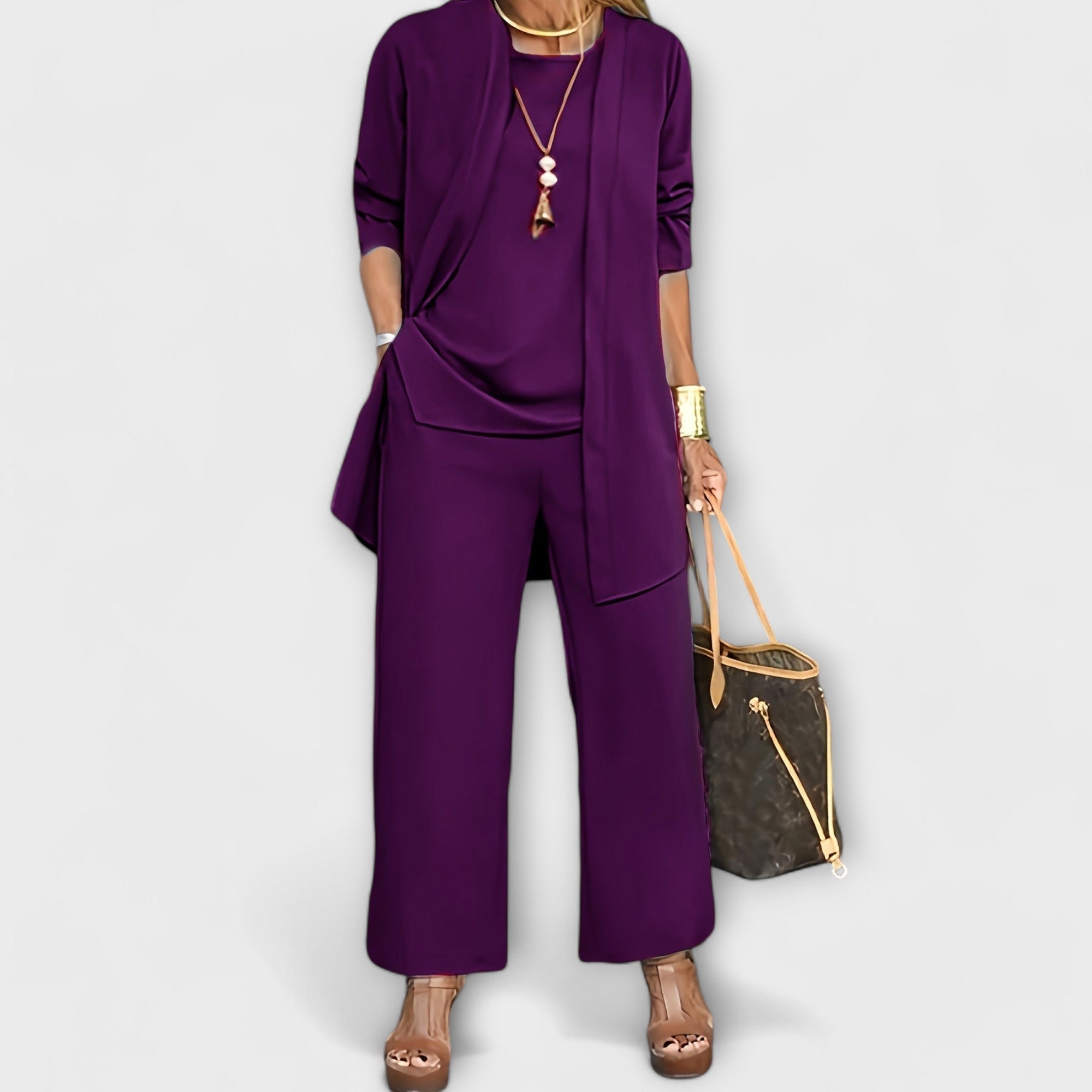 Charlotte – Three Piece Cardigan Top And Wide Leg Pants Set