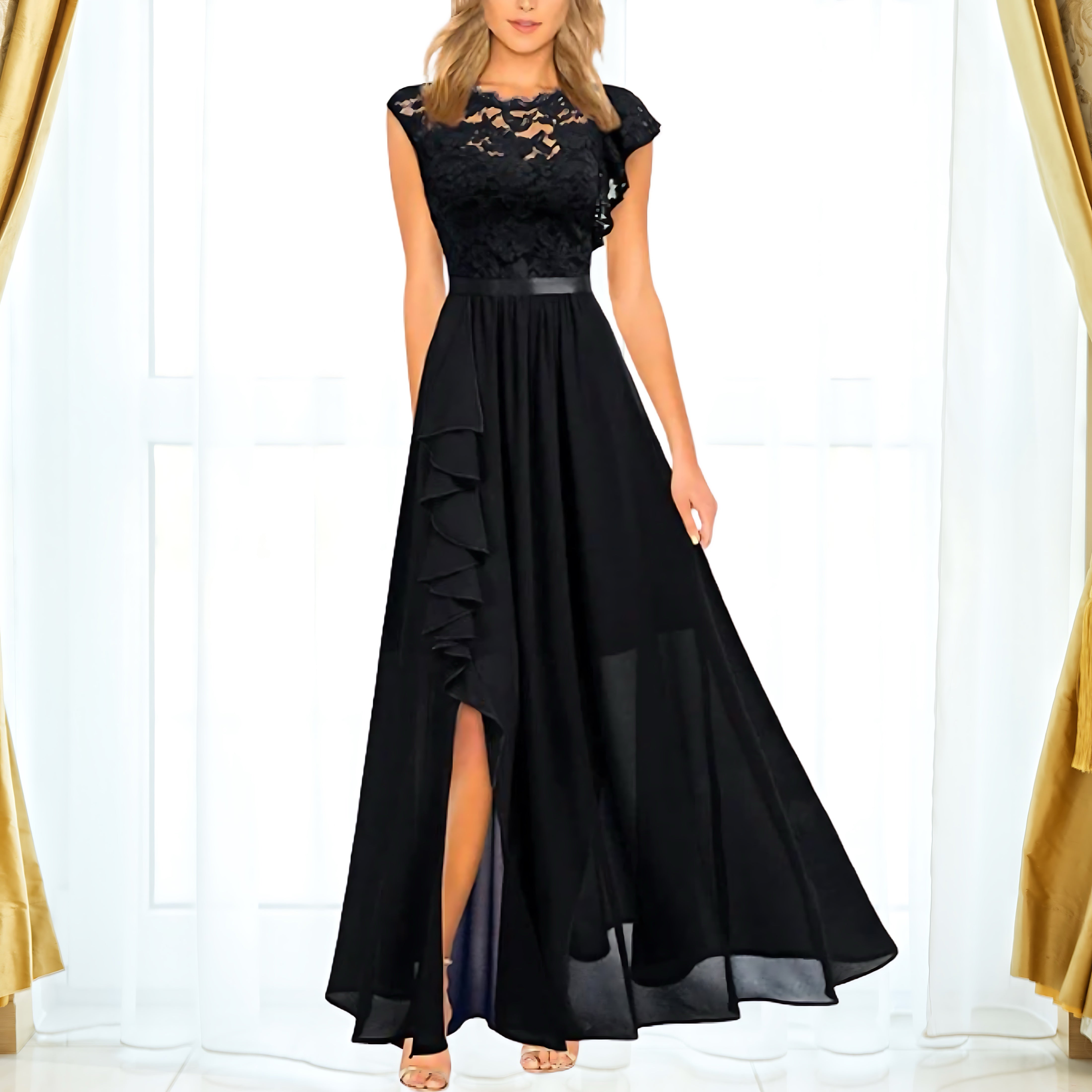 Mabel – Lace Chiffon Slit Evening Maxi Dress