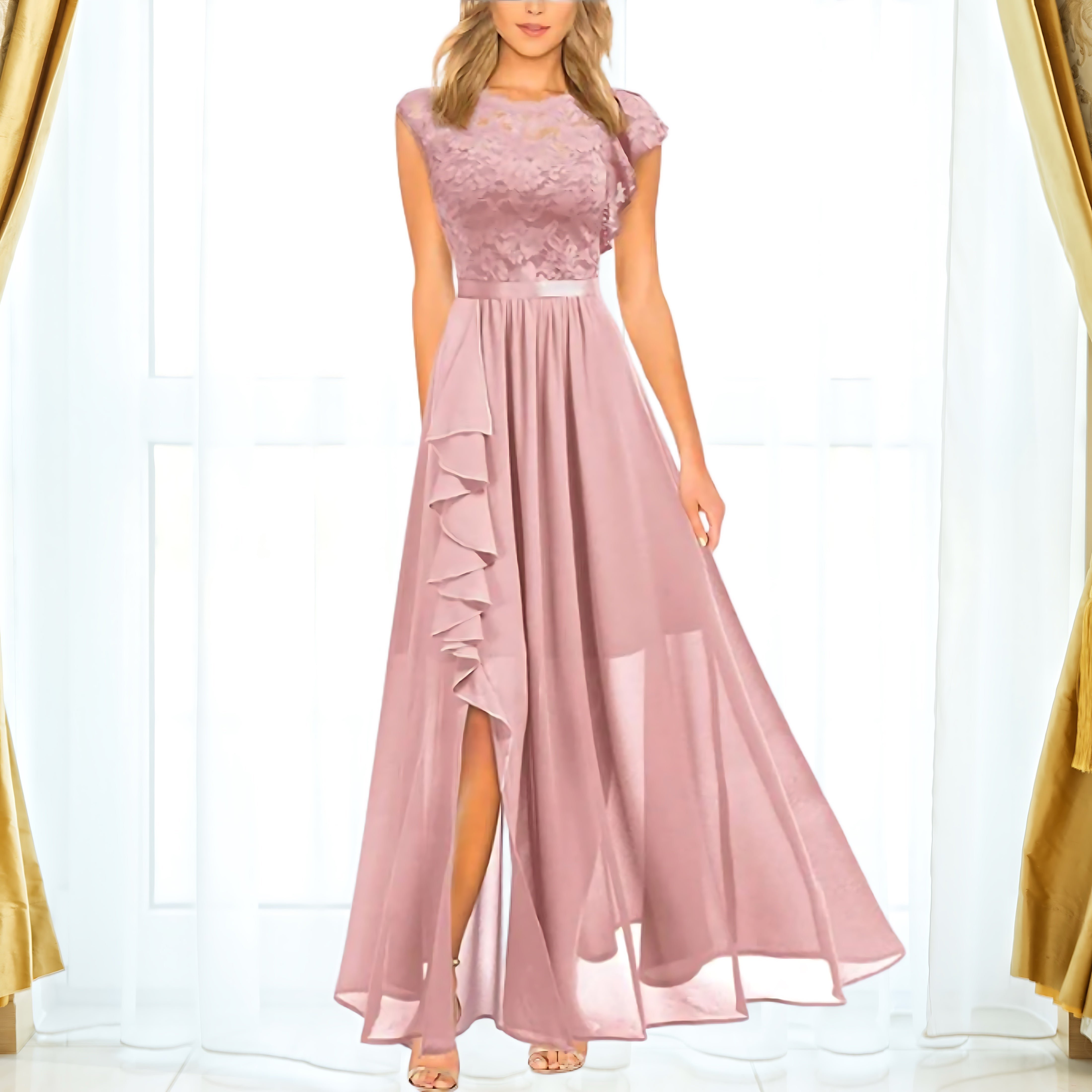 Mabel – Lace Chiffon Slit Evening Maxi Dress
