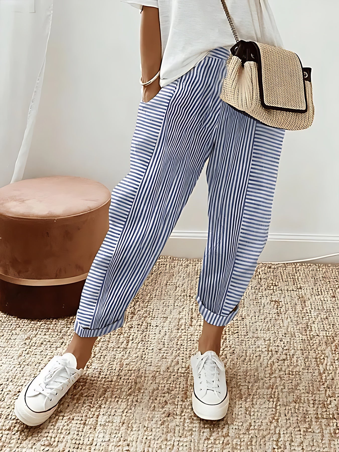 Mabel – Striped Elastic Waist Tapered Pants