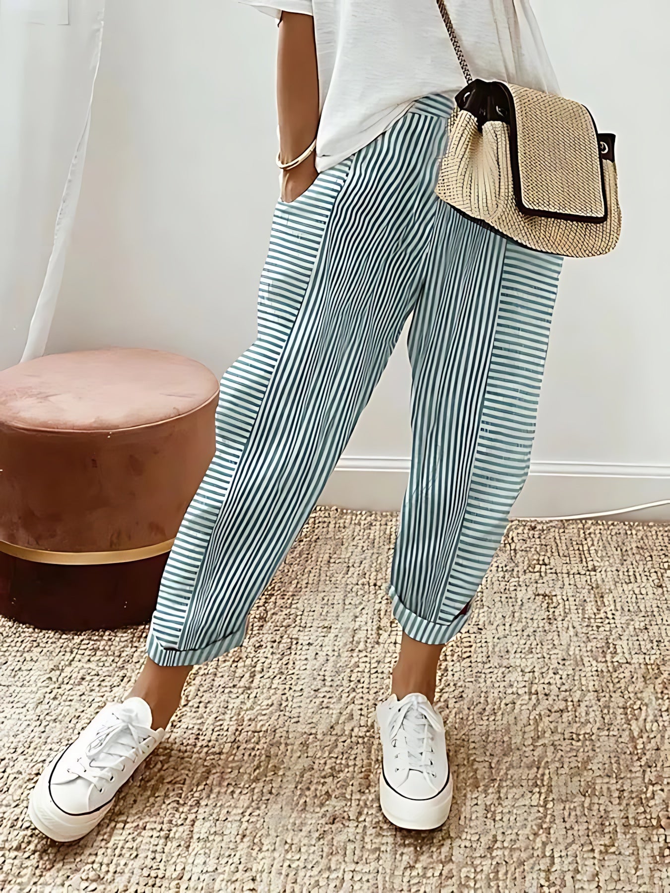 Mabel – Striped Elastic Waist Tapered Pants
