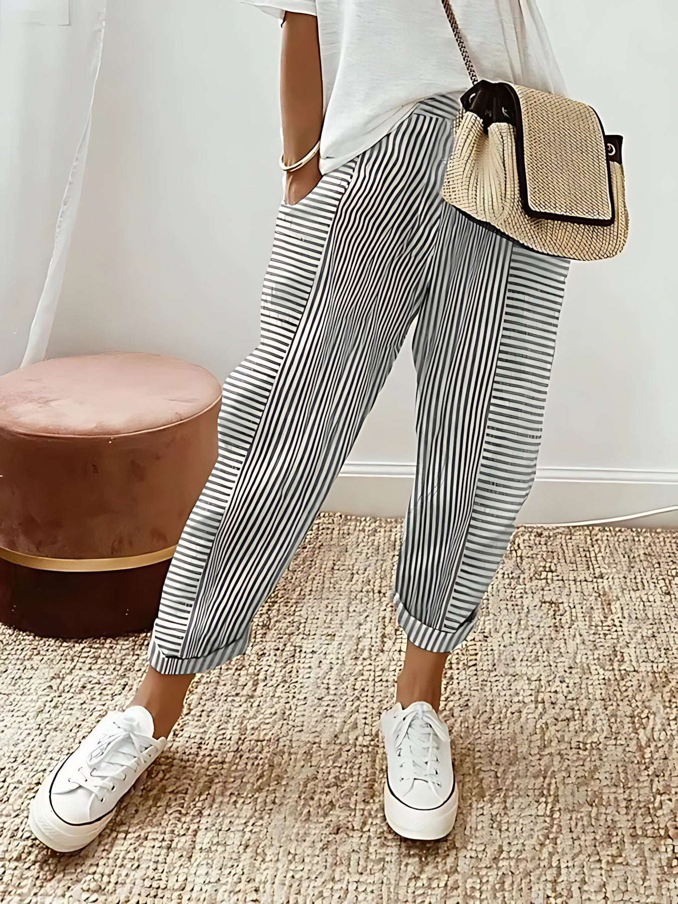 Mabel – Striped Elastic Waist Tapered Pants