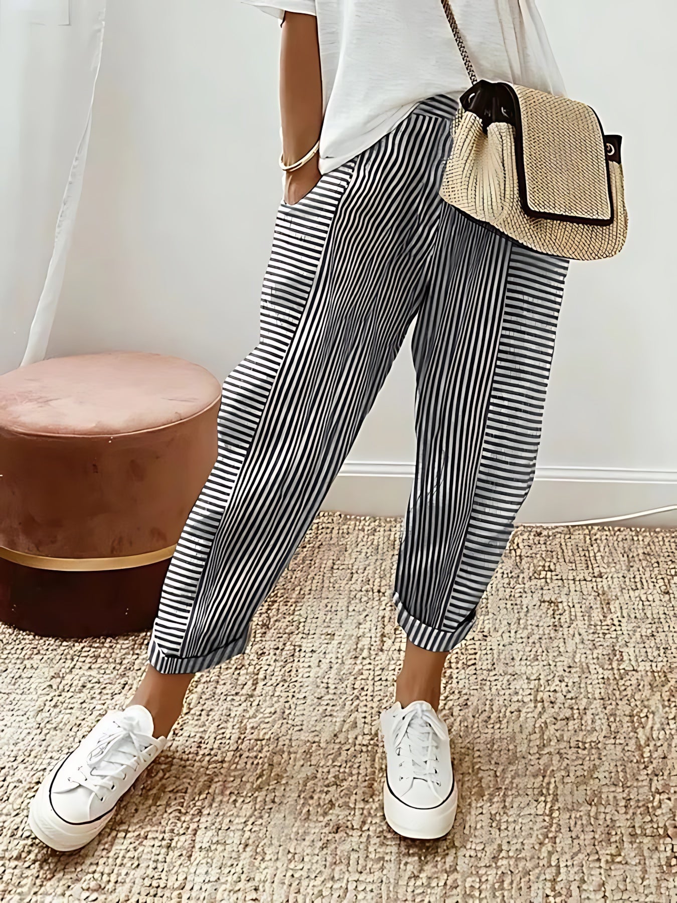 Mabel – Striped Elastic Waist Tapered Pants
