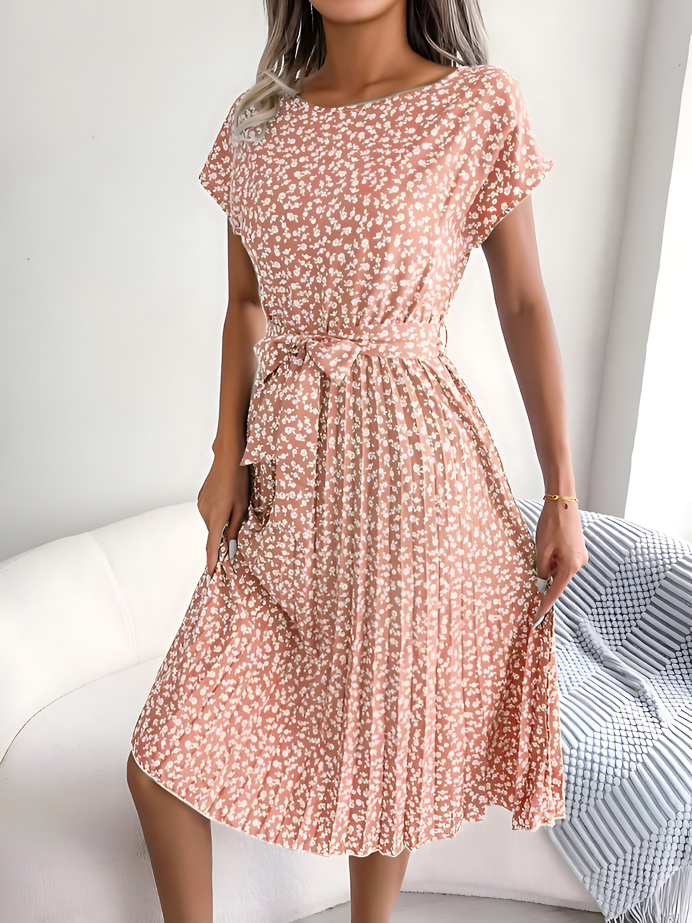 Madeline – Floral Pleated Tie Waist Midi Dress