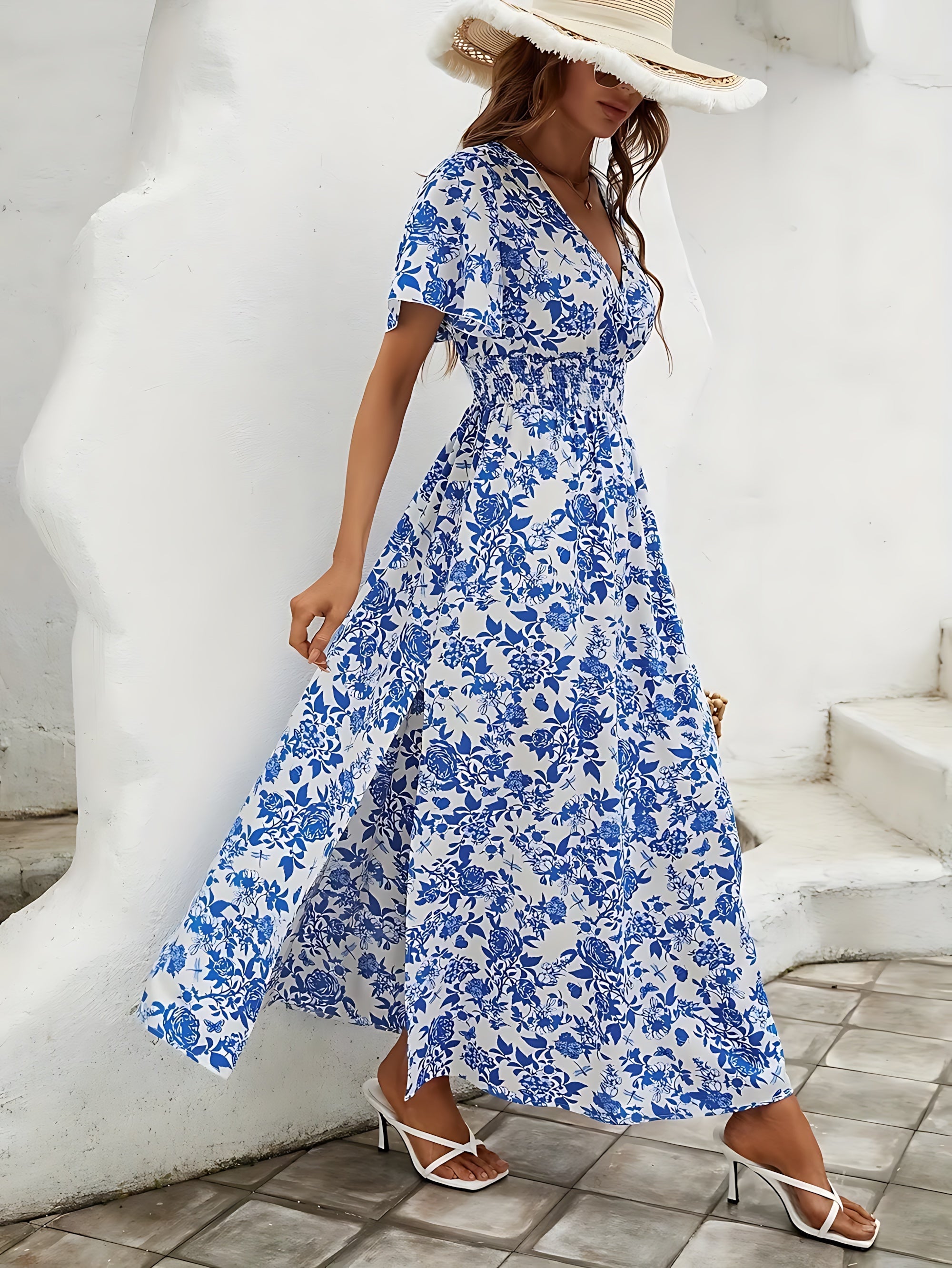 Madeline – Floral Print V Neck Slit Summer Maxi Dress