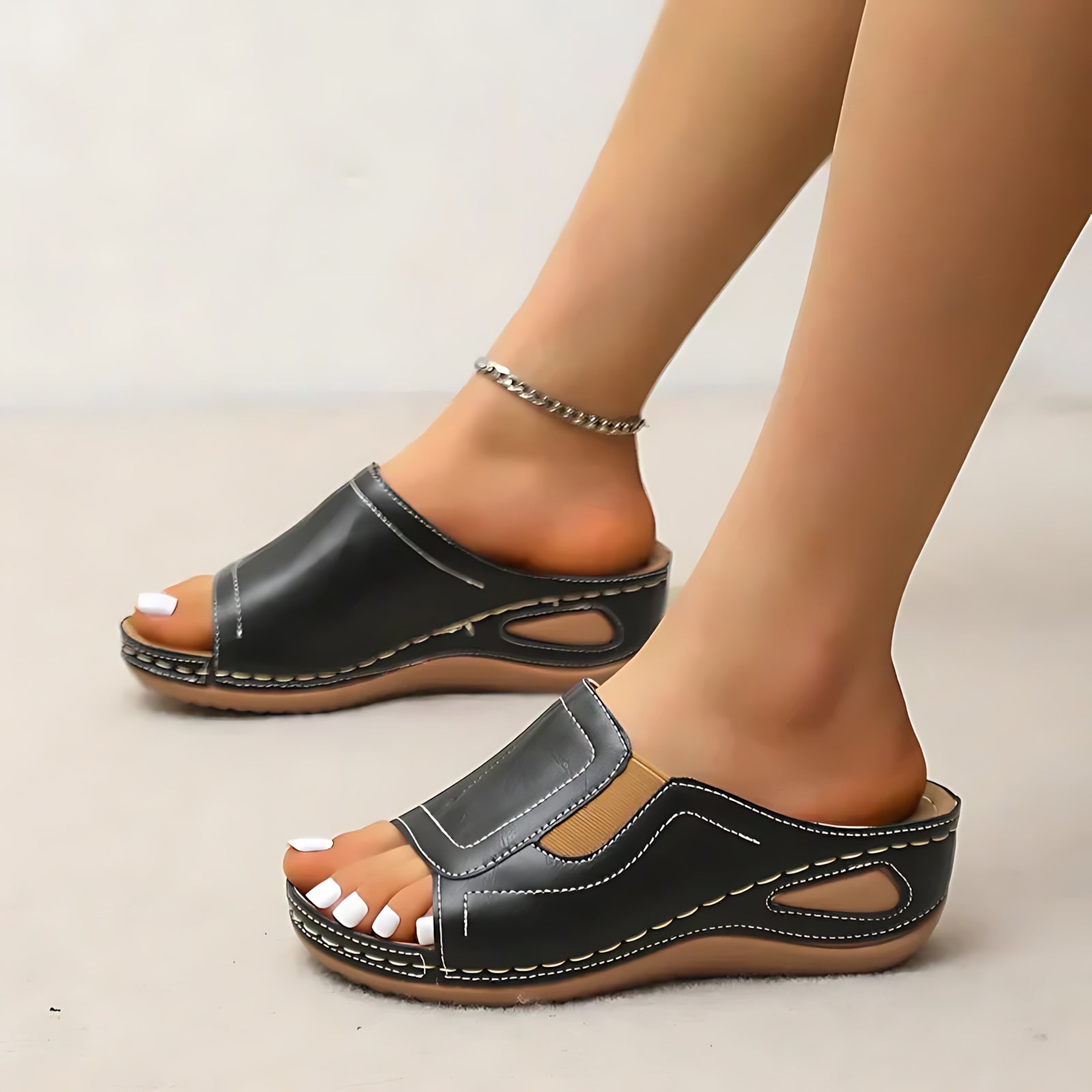 Madeline – Open Toe Low Wedge Slide Sandals