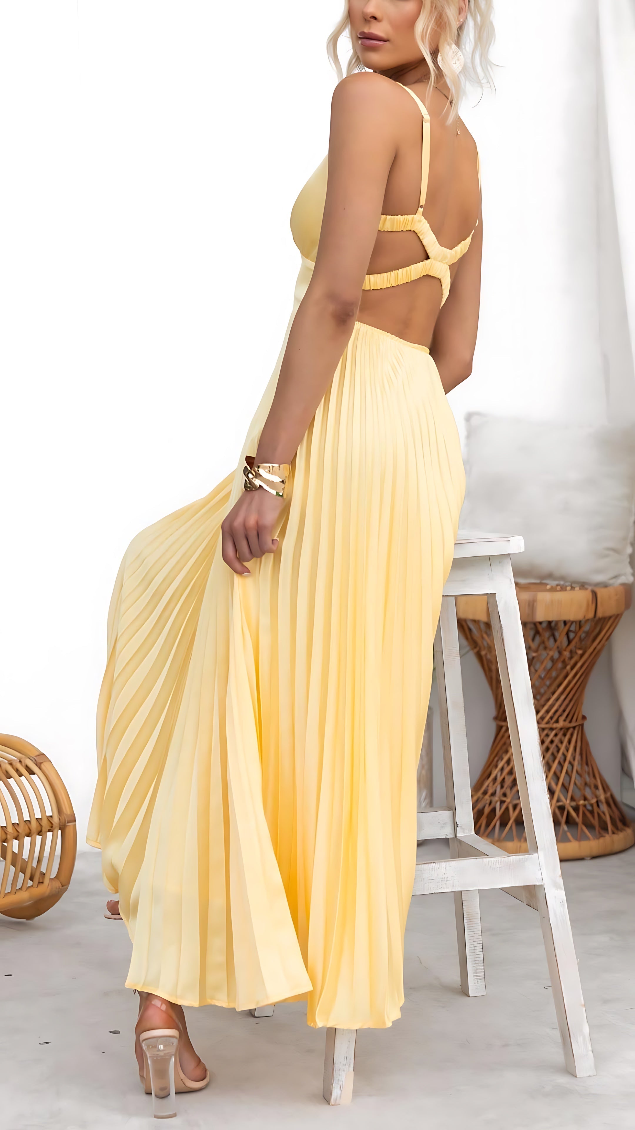 Madeline – Pleated Deep V Neck Wedding Guest Maxi Dress