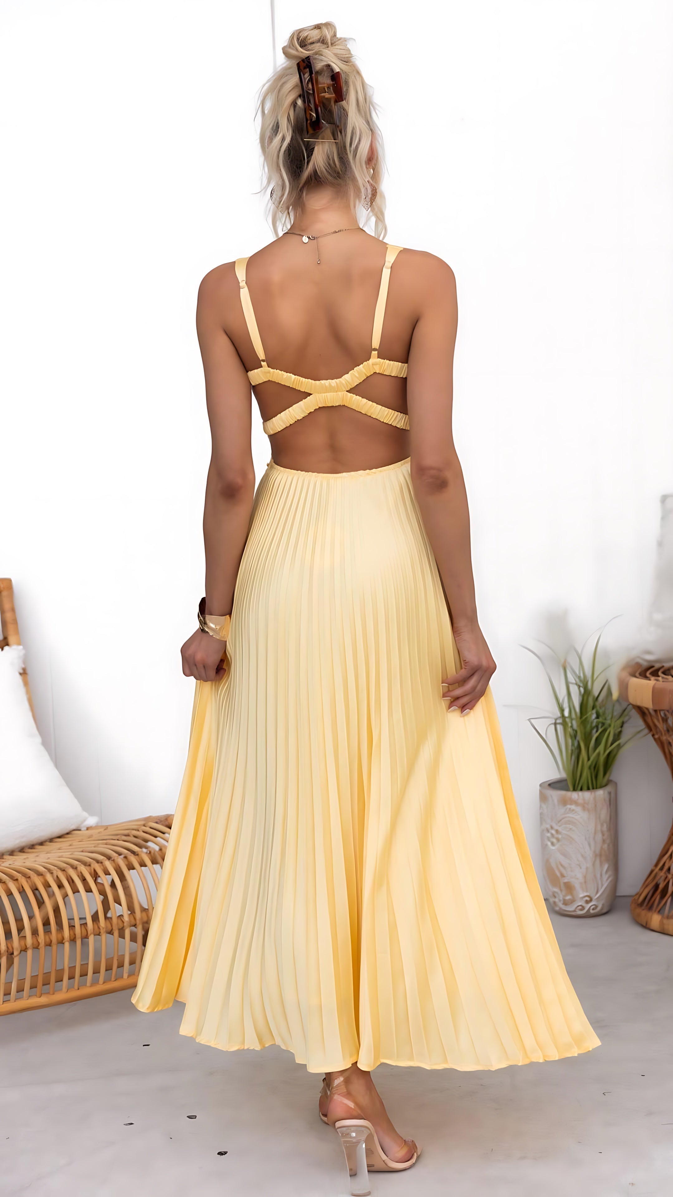 Madeline – Pleated Deep V Neck Wedding Guest Maxi Dress