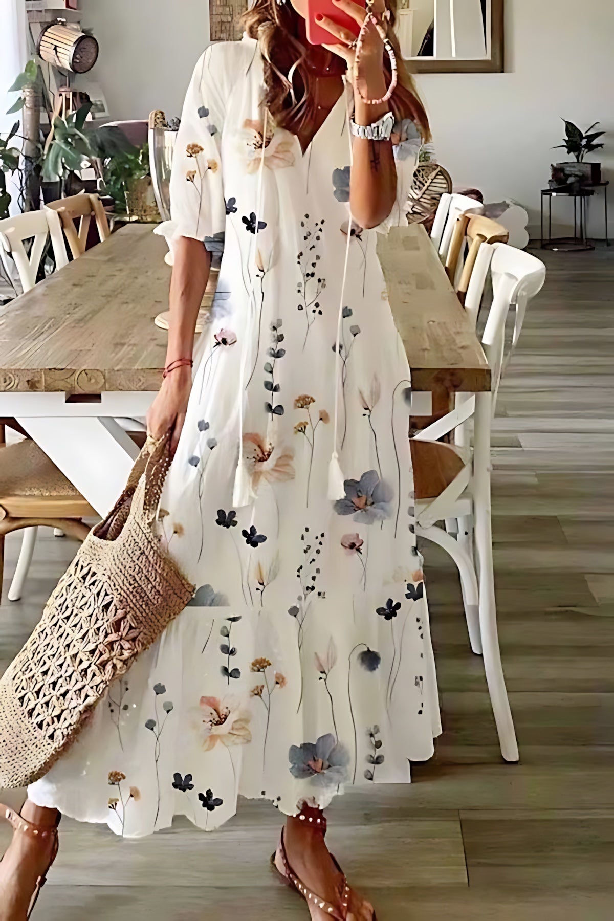 Madelyn – Floral Print V Neck Tassel Boho Maxi Dress
