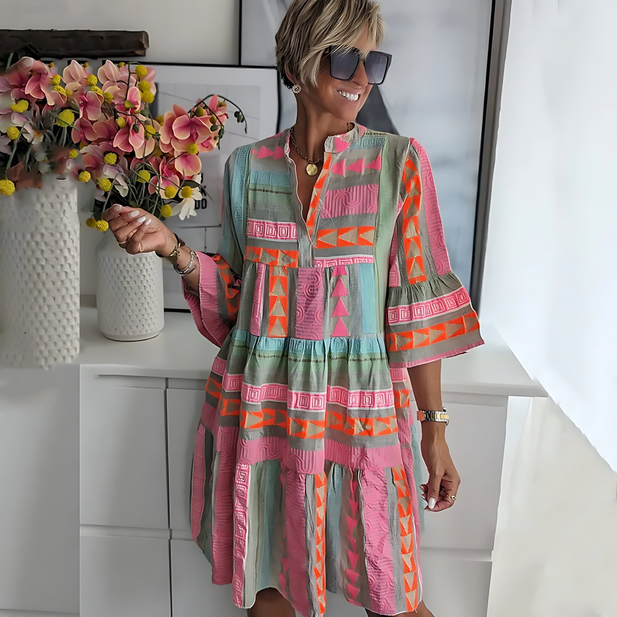 Madison – Boho Print Tiered Midi Shirt Dress