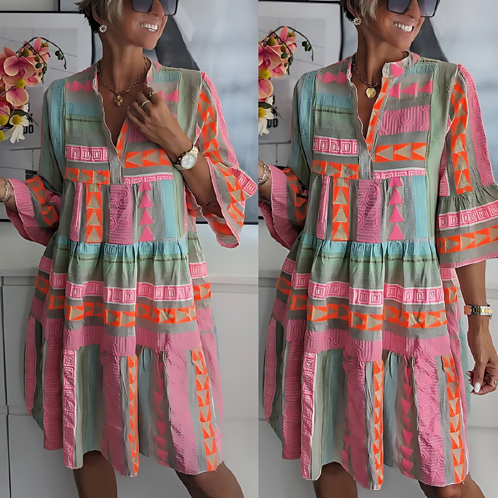 Madison – Boho Print Tiered Midi Shirt Dress
