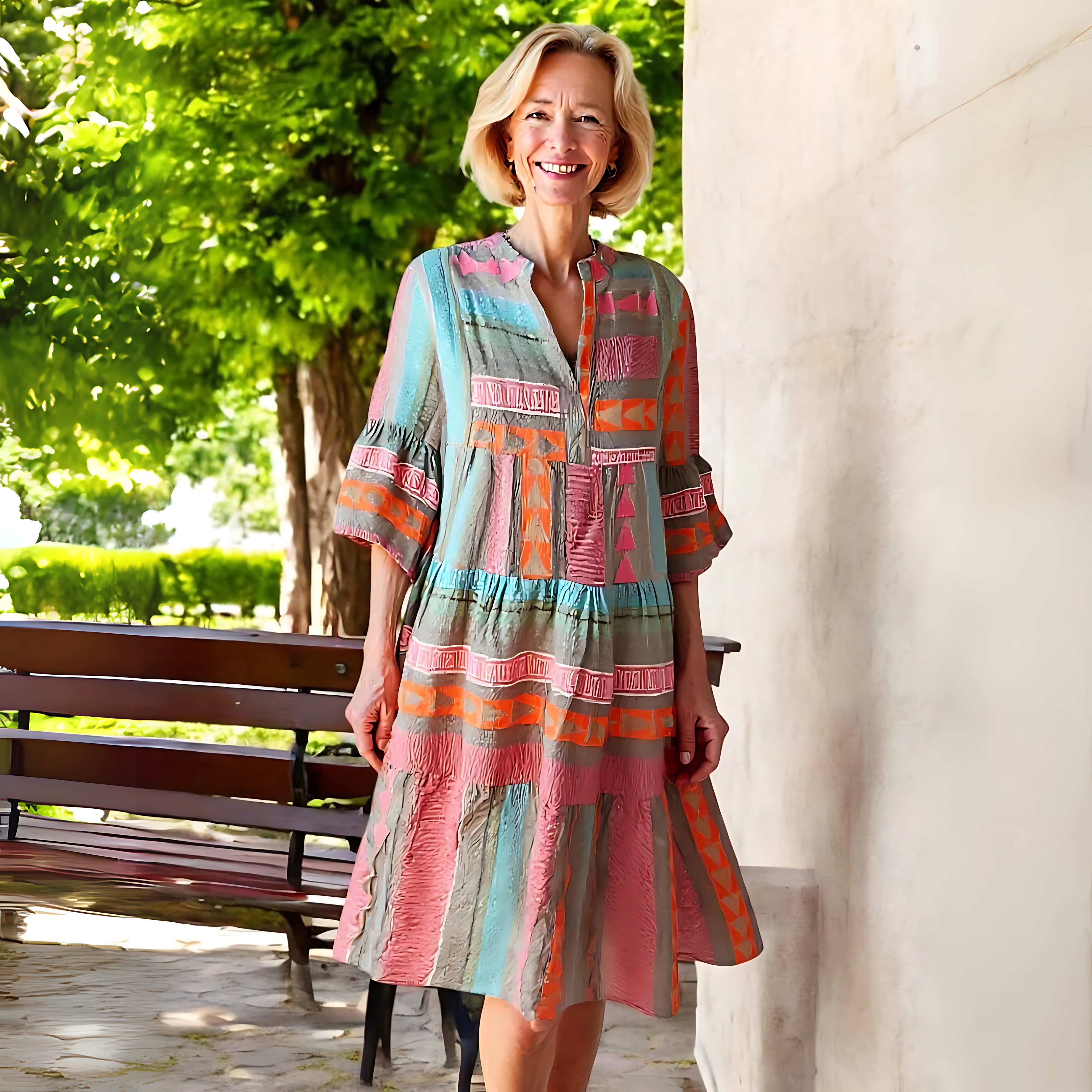 Madison – Boho Print Tiered Midi Shirt Dress