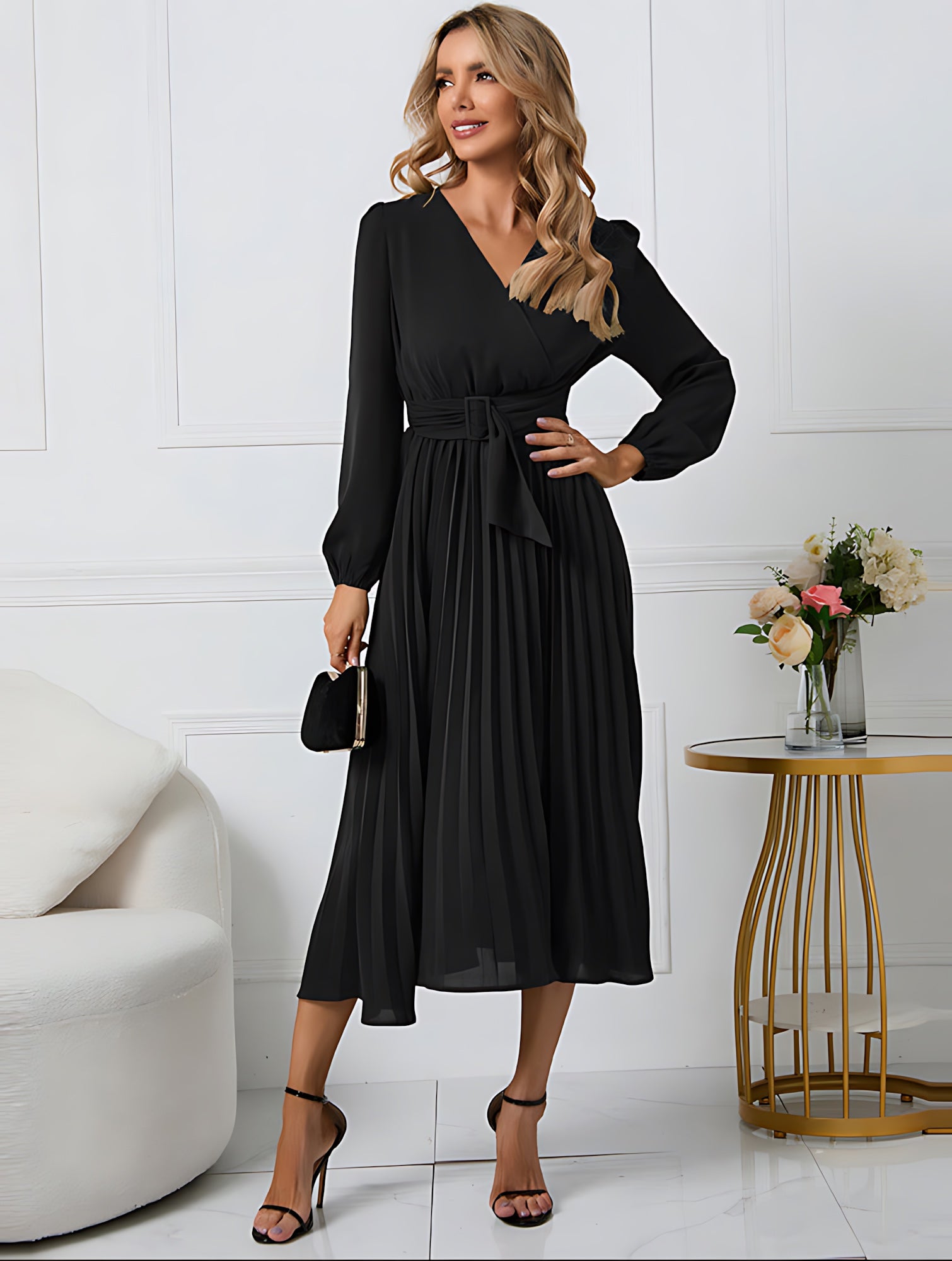 Madison – V Neck Long Sleeve Wrap Cocktail Midi Dress
