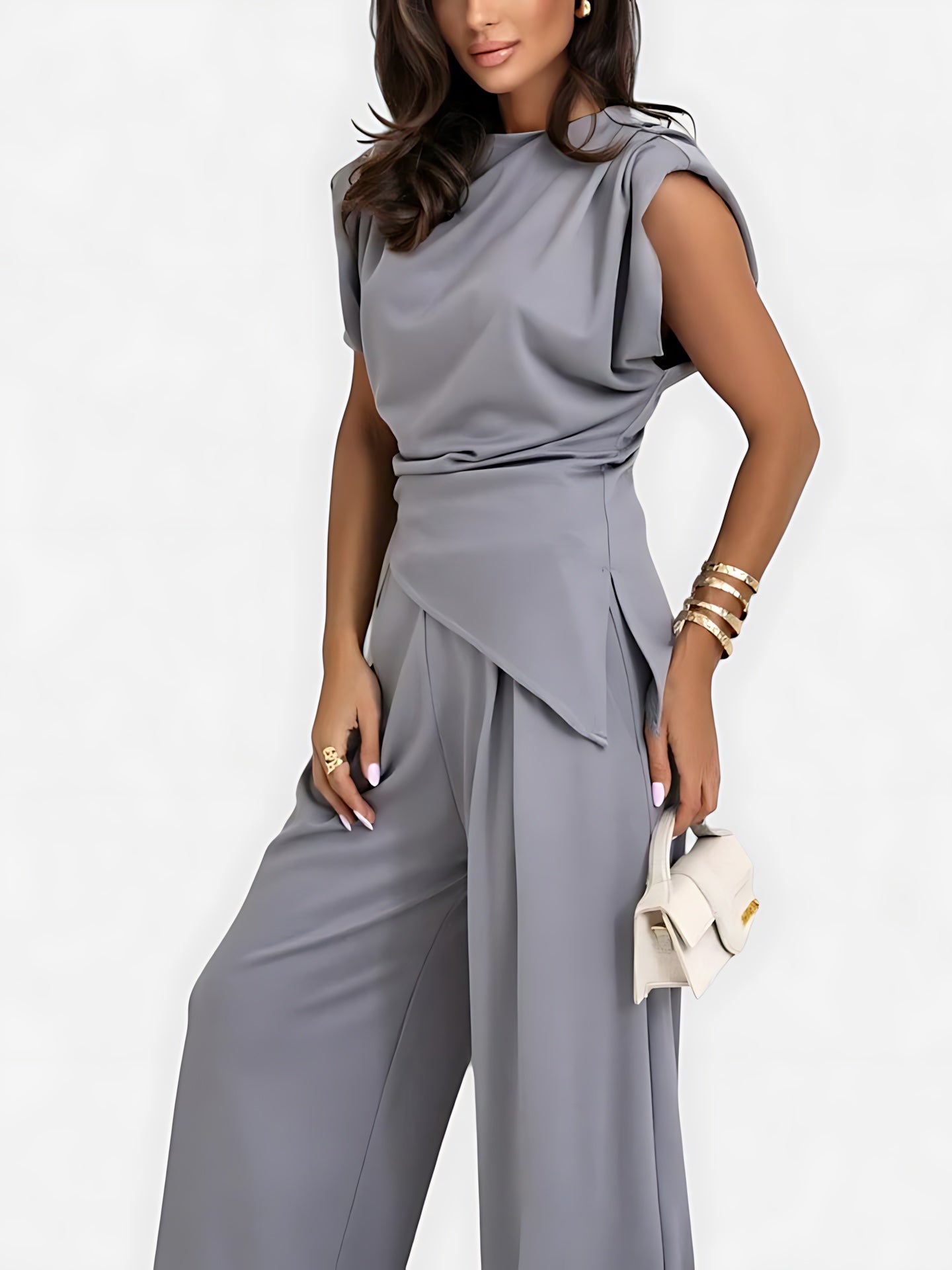 Maeve – Draped Asymmetrical Top and Wide Leg Pants Evening Set