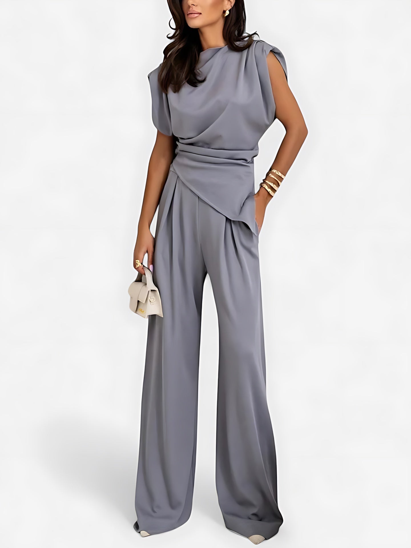 Maeve – Draped Asymmetrical Top and Wide Leg Pants Evening Set