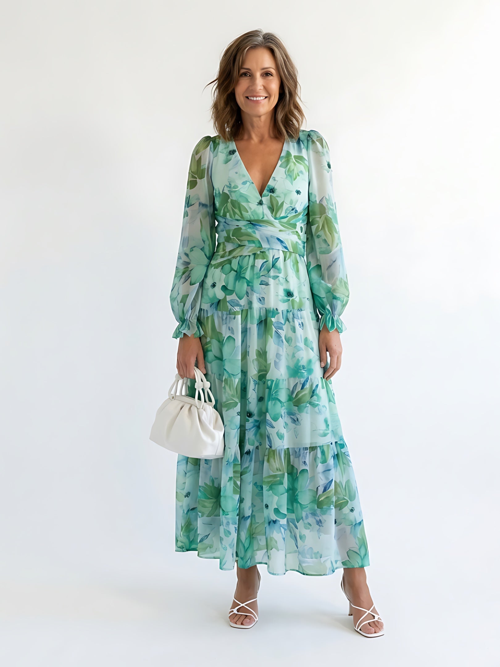Maggie – Floral Print Long Sleeve Ruffle Maxi Dress