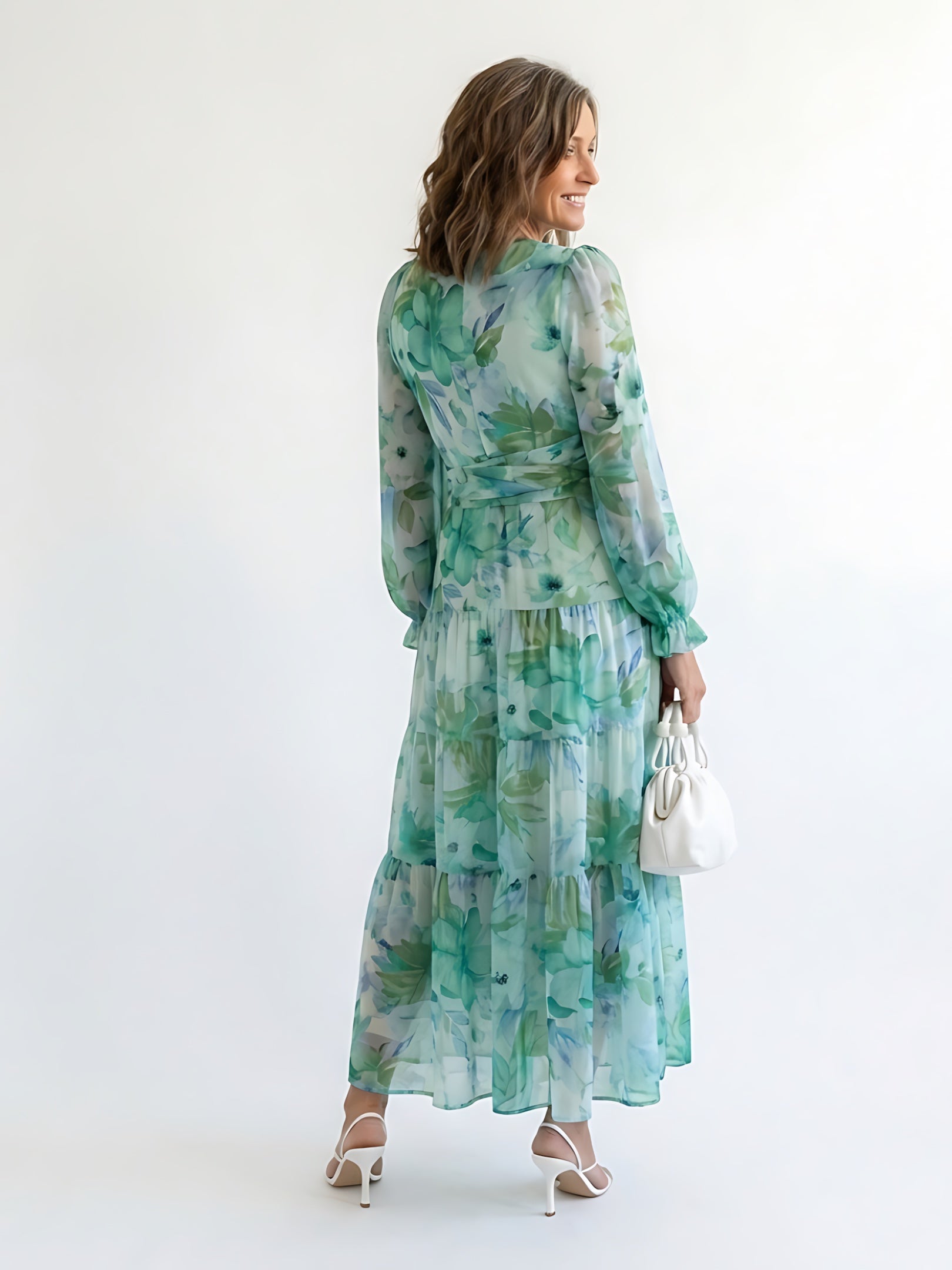 Maggie – Floral Print Long Sleeve Ruffle Maxi Dress