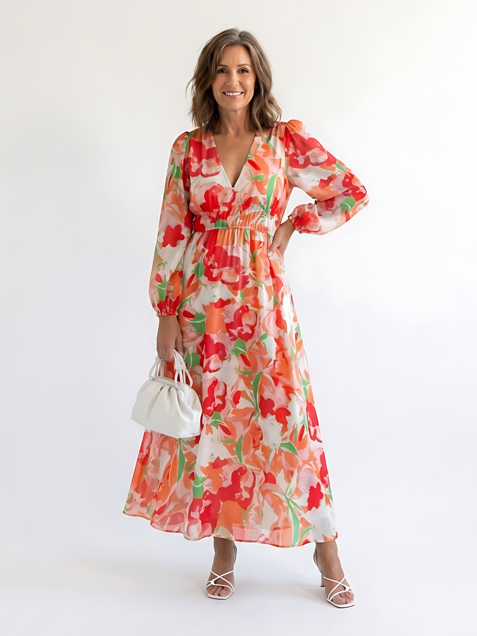 Maggie – Floral Print Long Sleeve Ruffle Maxi Dress