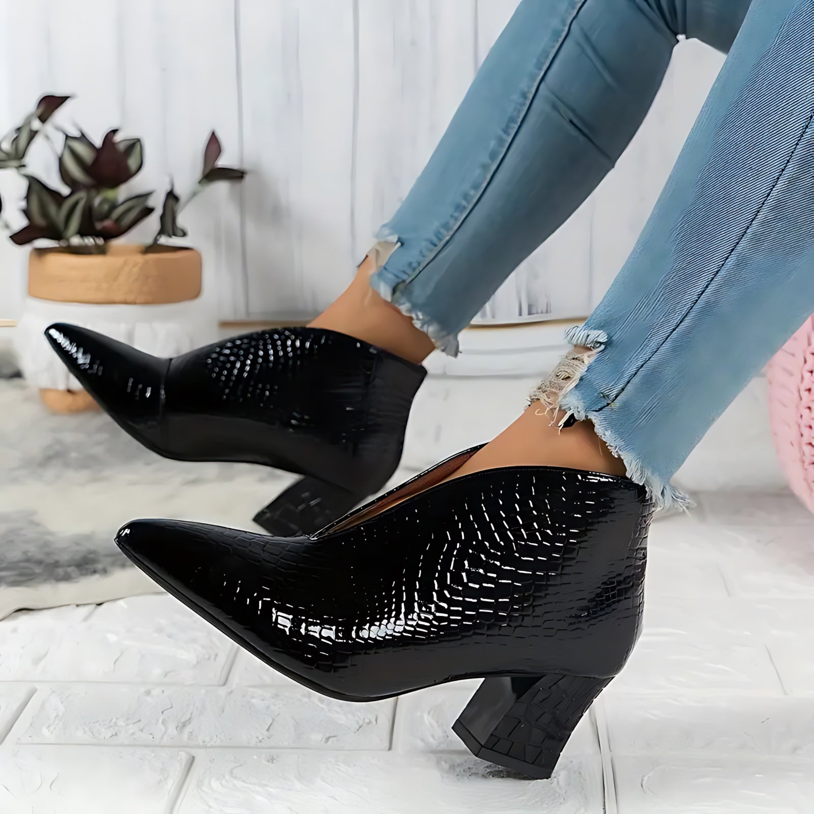 Magnolia – Snake Embossed Block Heel Ankle Boots