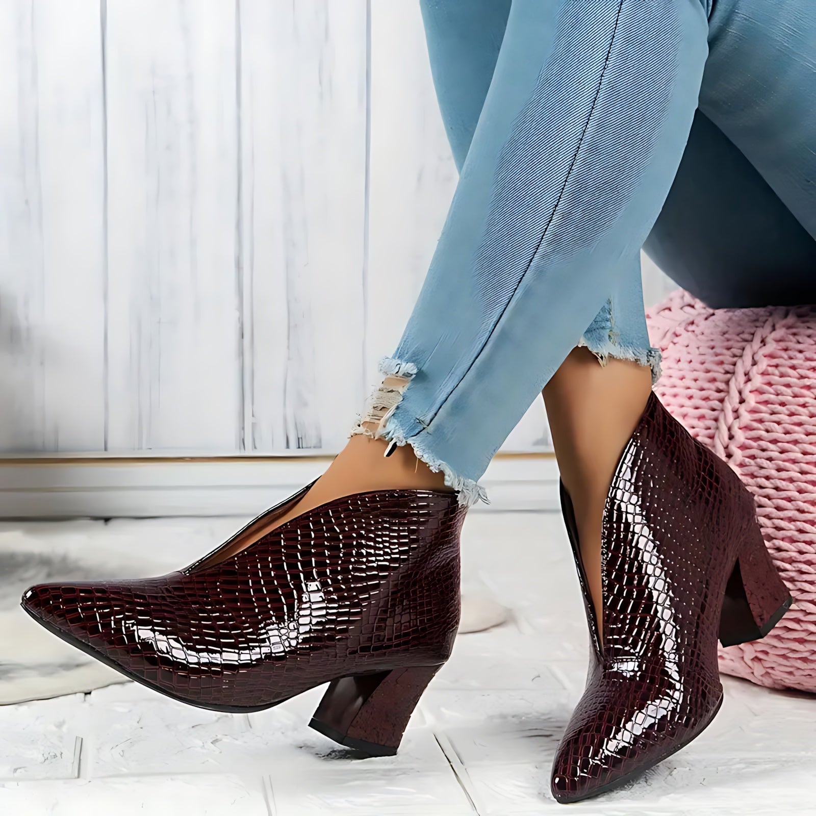Magnolia – Snake Embossed Block Heel Ankle Boots